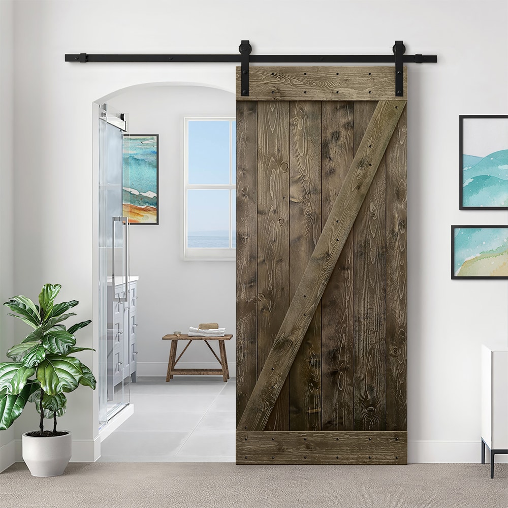 CALHOME 48-in x 84-in Espresso Knotty Pine Wood Solid Core Barn Door ...