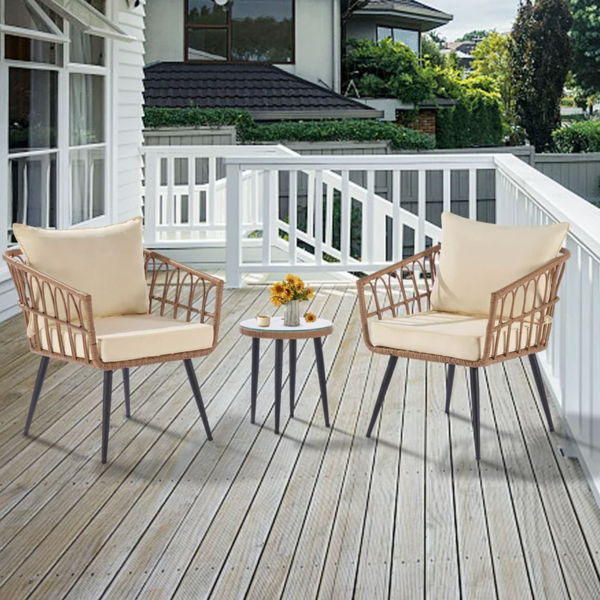 Gaierptone CRXYDUQDYMU Patio Conversation Set 3-Piece Patio Conversation Set with Off-white Cushions
