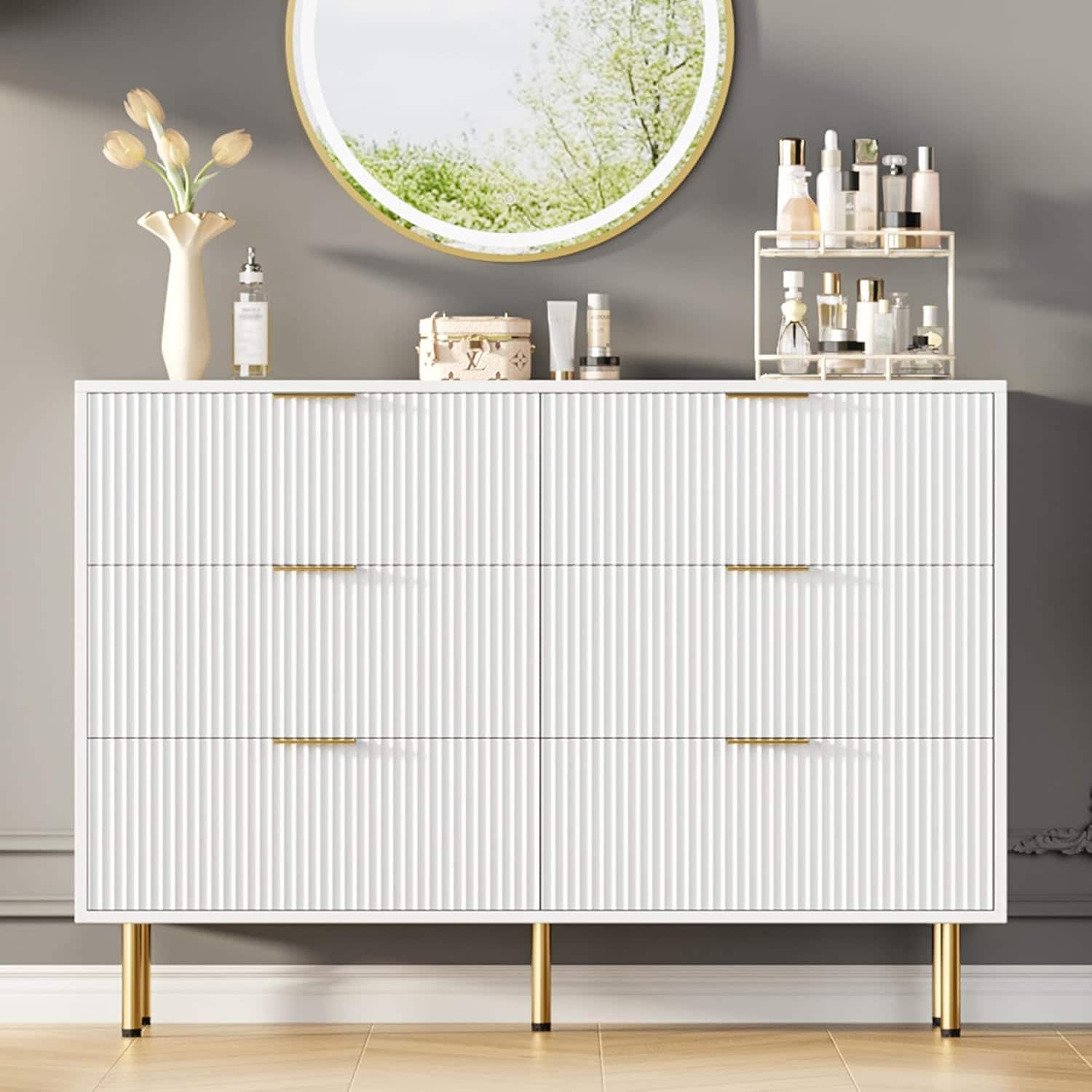 Qeetex WWJ-PHO-33FGS57N 6 Drawers Dresser for Bedroom Fluted Dresser Chest of Drawers with Handle Wood Modern Dressers for Closet Bedroom Furniture Storage Organizer for Living Room Hallway