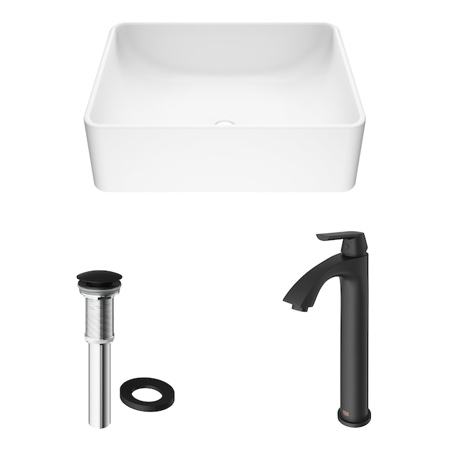 Amaryllis White Matte Stone Vessel Bathroom Sink Set with Linus Vessel Faucet in Matte Black Amaryllis White Matte Stone Vessel Bathroom Sink Set with Linus Vessel Faucet in Matte Black