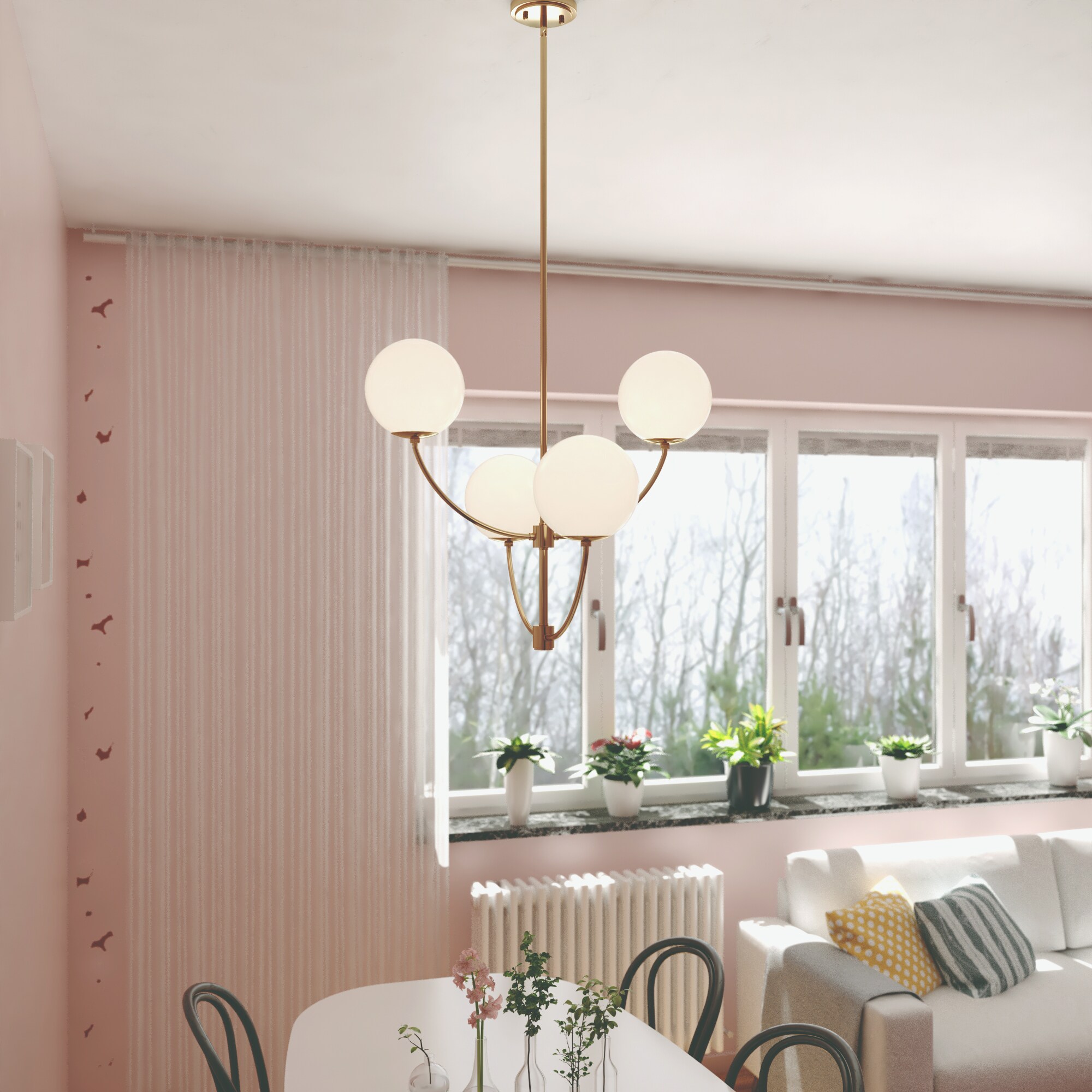 Avers 26" Gold Brass Mid-Century Modern Chandelier with White Globe Glass