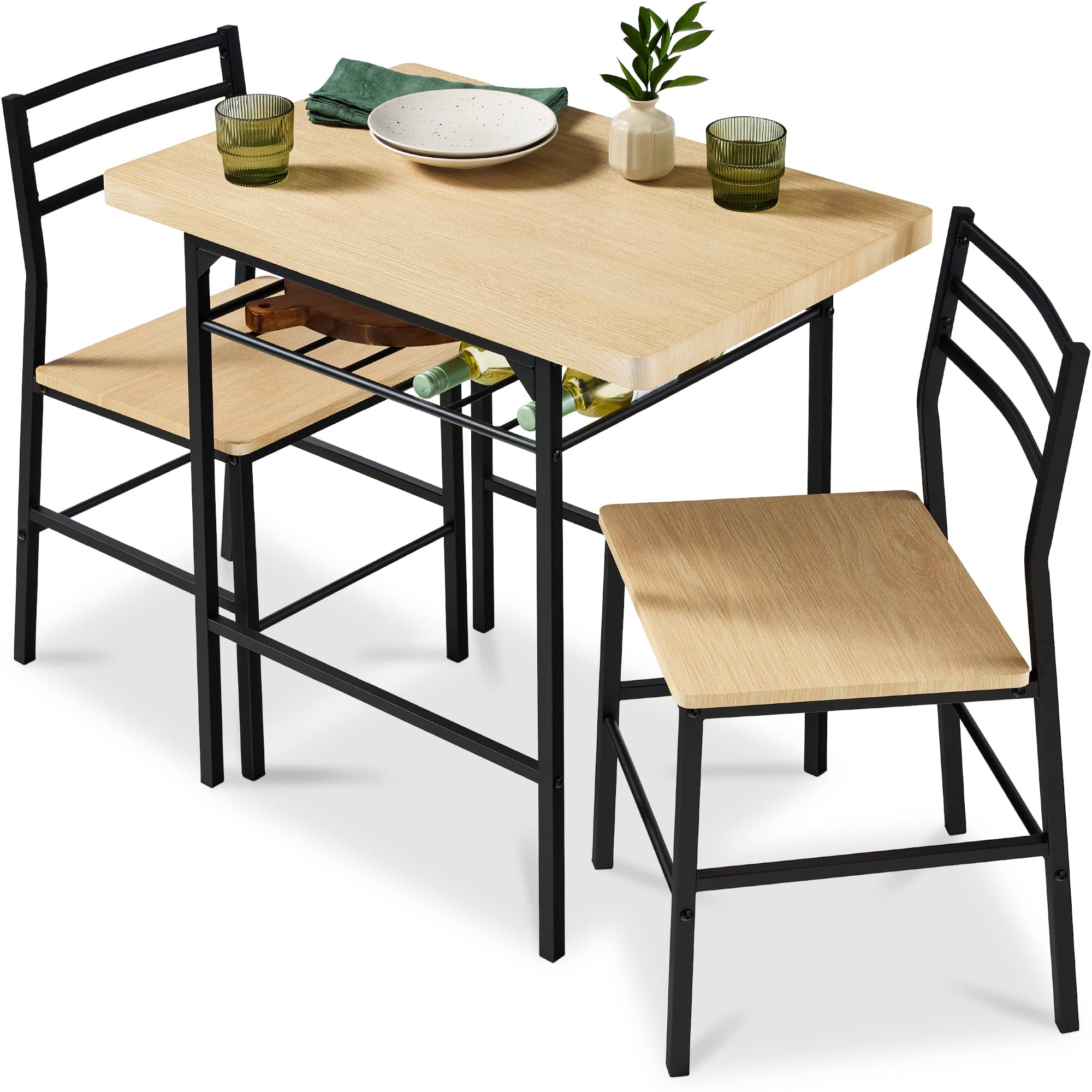 Best Choice Products SKY9239 3-Piece Modern Dining Set Square Table  Chairs Set w/ Steel Frame Storage Rack - Natural/Black