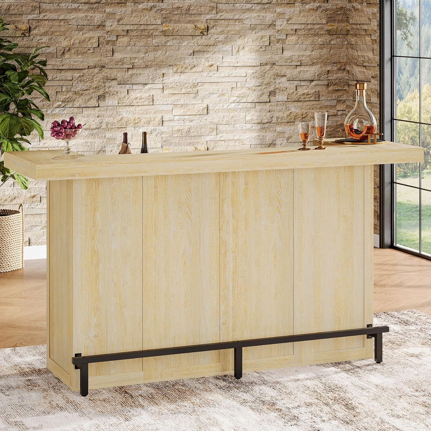 Tribesigns  4 Tiers Bar Table 70.9 inches Large Wooden Home Bar Unit with Wine Glass Holder and Black Footrest Pub Table with Storage Shelves for Home Patio Basement Oak