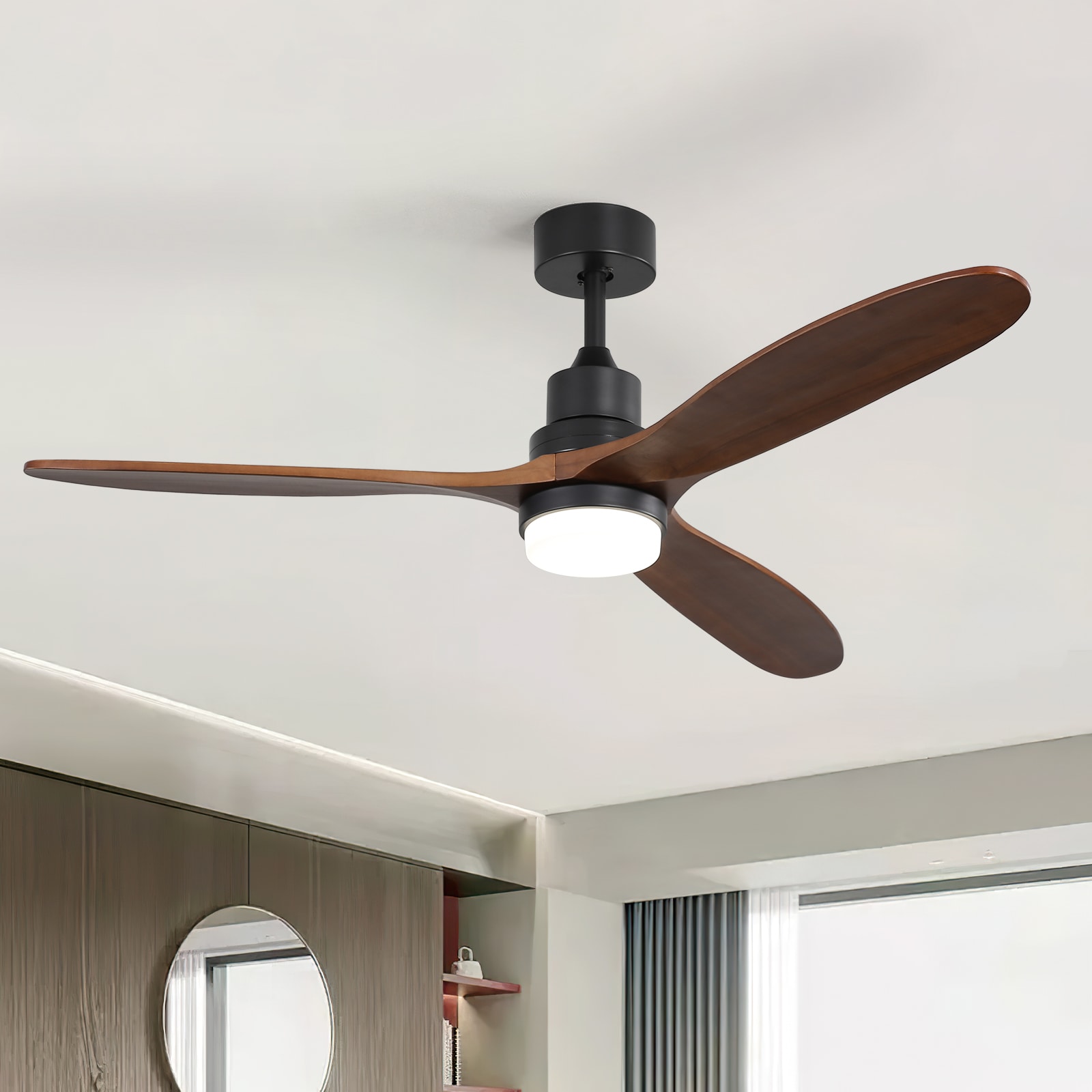 Sofucor LS-6003-BK-HTM-60-W Nicola 60-in Color-Changing Integrated LED Black with Dark Brown Blades Propeller Ceiling Fan With Light and Remote ( 3 -Blade )