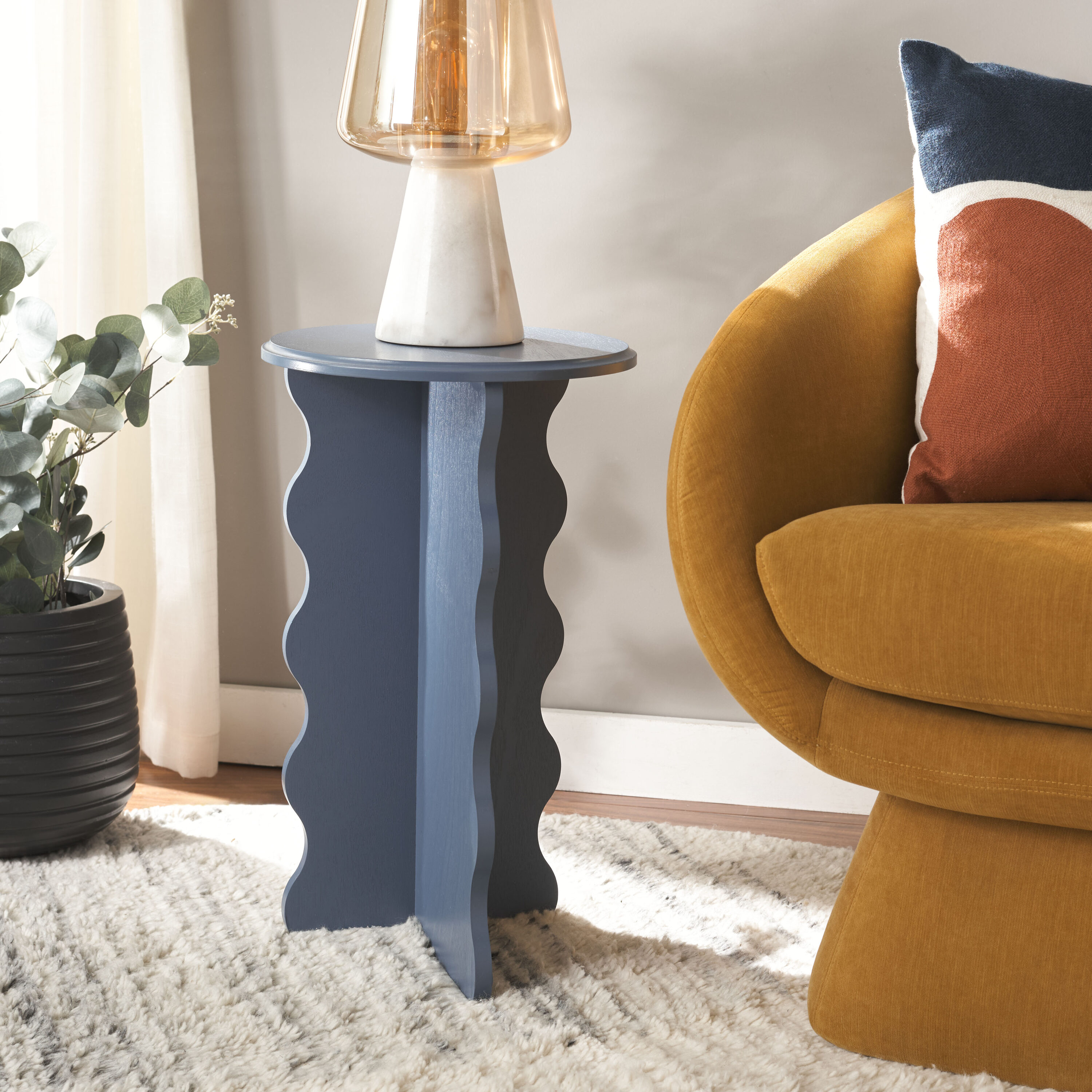Blue Round Wood Wavy Accent Table, 15" x 22"