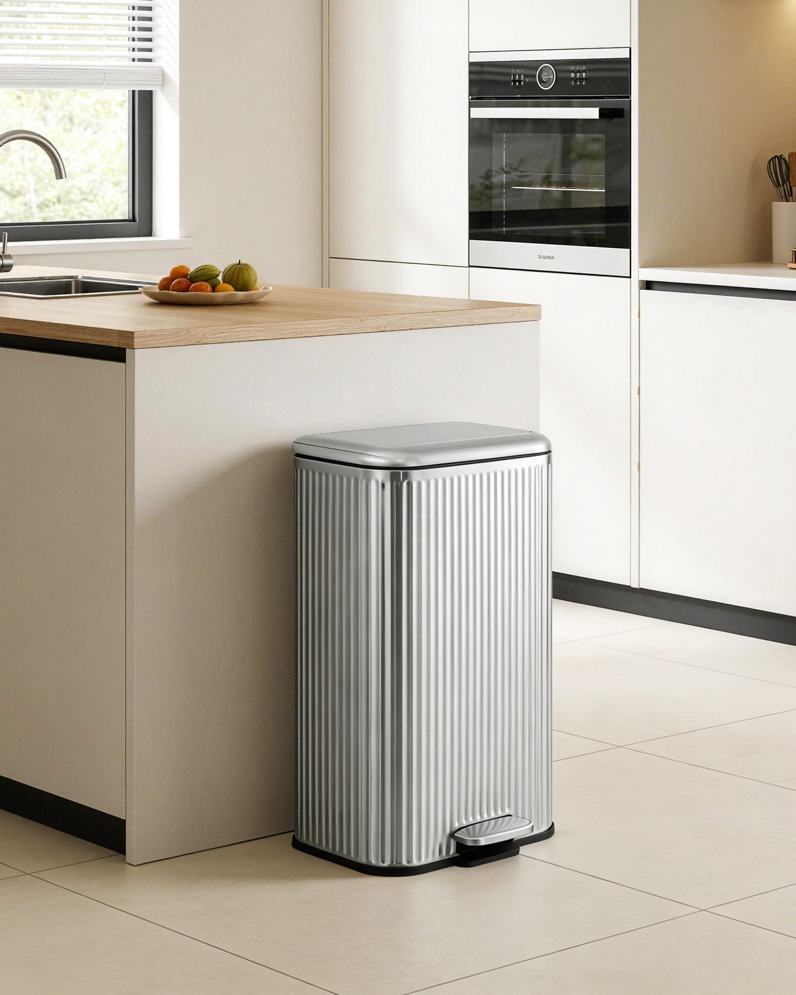 Garvee 8 Gallon Kitchen Trash Can with Soft-Close Lid Stainless Steel Recycling Bin with Removable Inner Bucket Rectangular Waste Container with Fluted Design for Living Room Office - Silver