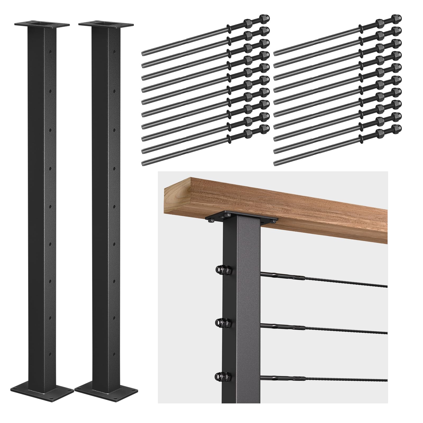 Afoxsos  Stainless Steel Cable Railing Post 2 Pack 2 by 2 Inch Square 36 Inch Height with 1 8 Inch Cable Railing Kit Black