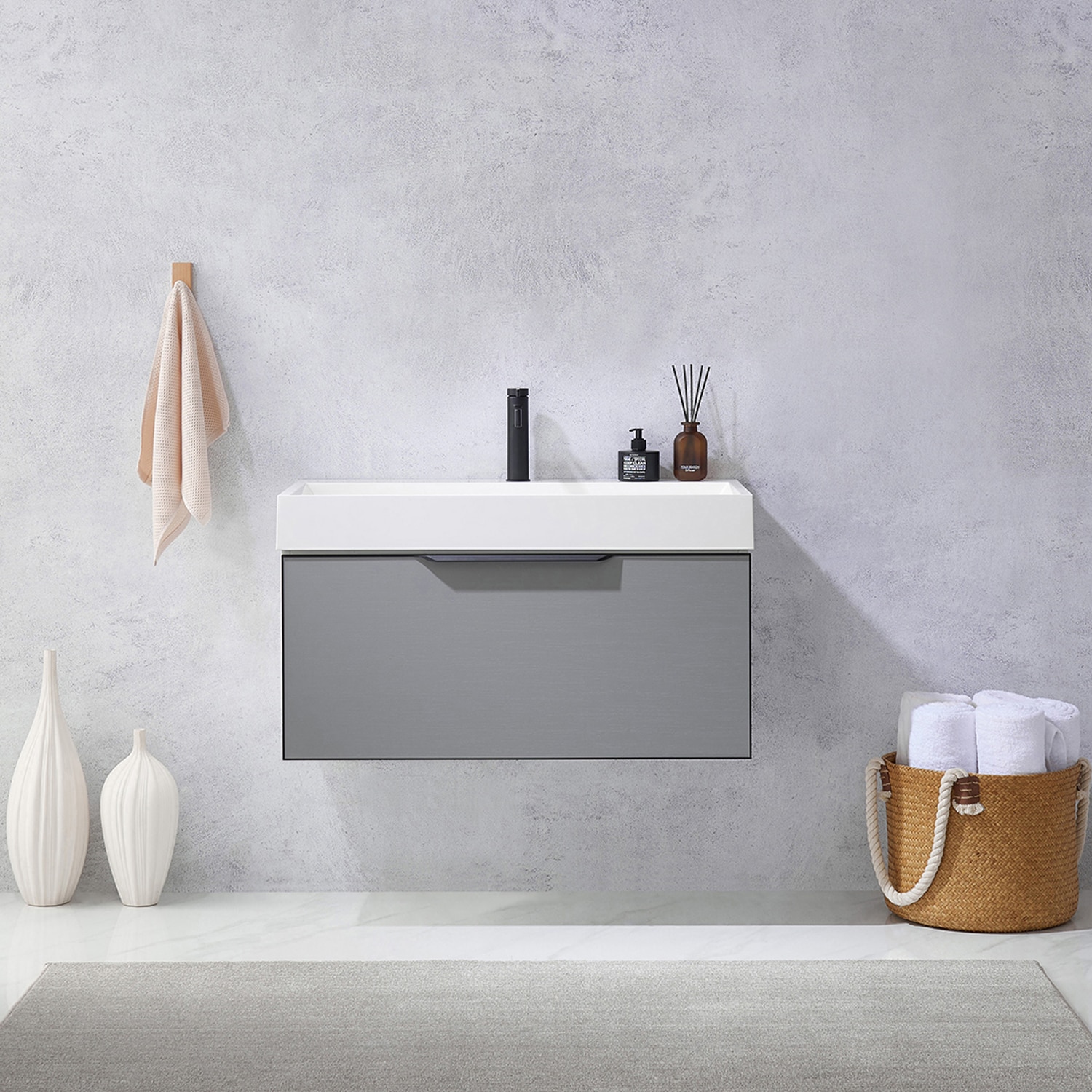 Vinnova 703436-MG-WH-NM Vegadeo 36-in Melamine Elegant Grey Single sink Floating Bathroom Vanity with White Engineered stone Top