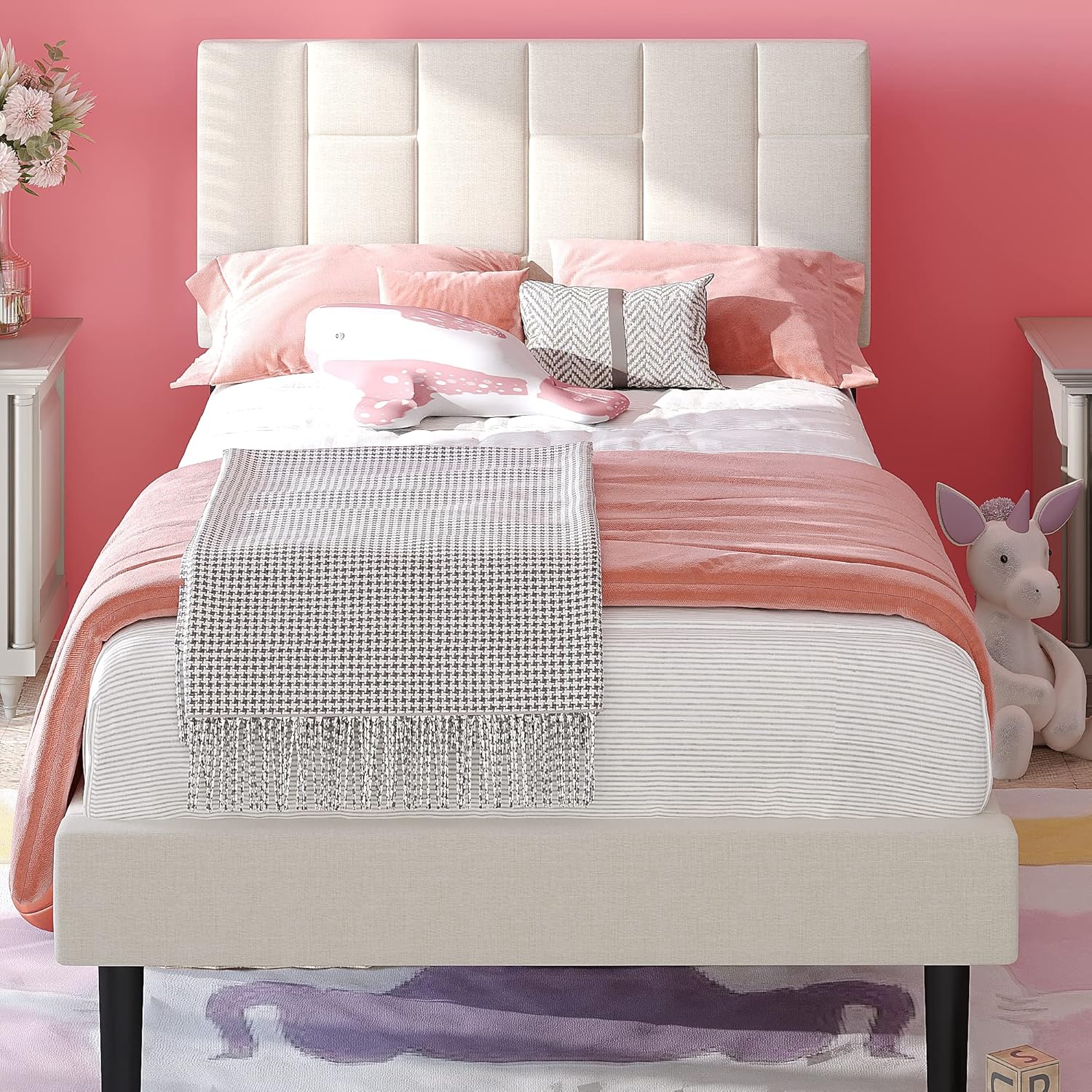 Likimio NJUHBBP3Z1KKDXJH 41.7-in W Beige Twin Bed Frame with Headboard and Modern Upholstered Platform