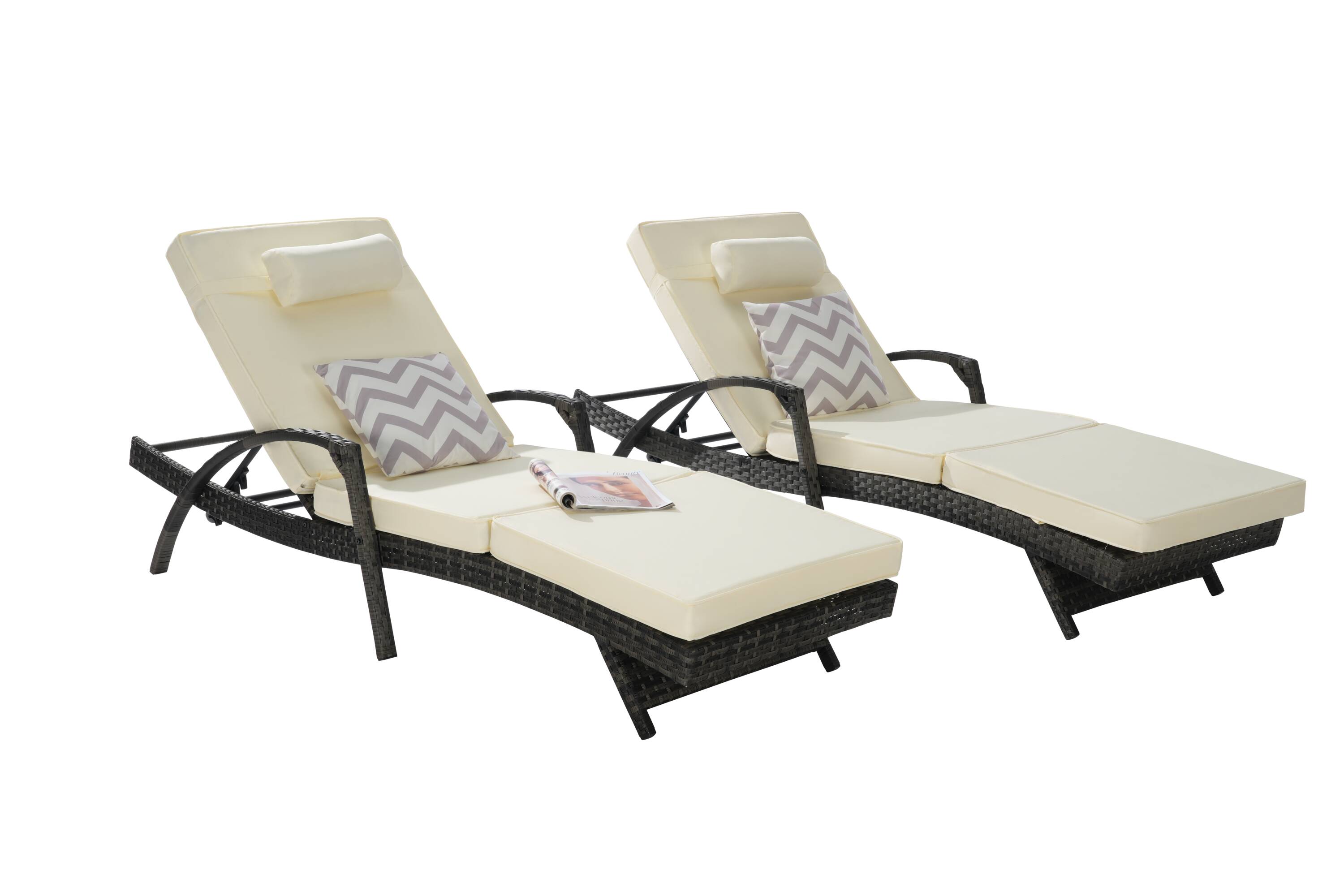 CESICIA ZM-SY-61 Patio Chairs Set of 2 Wicker Gray Metal Frame Stationary Recliner Chair with Beige Cushioned Seat