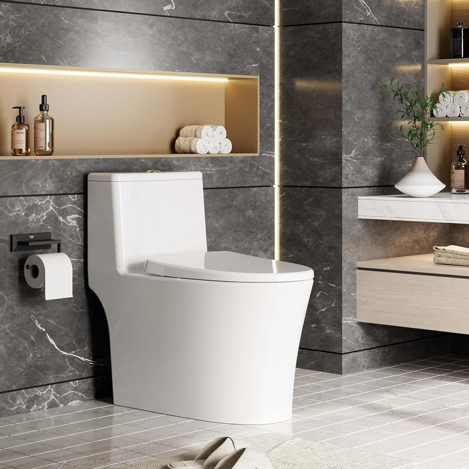 Qeetex One Piece Toilet Elongated Dual Flush 0.8/1.28 GPF Toilet Powerful Top Flush with Comfortable Seat Height and Soft Closing Seat Quiet Modern Toilet for Bathroom White