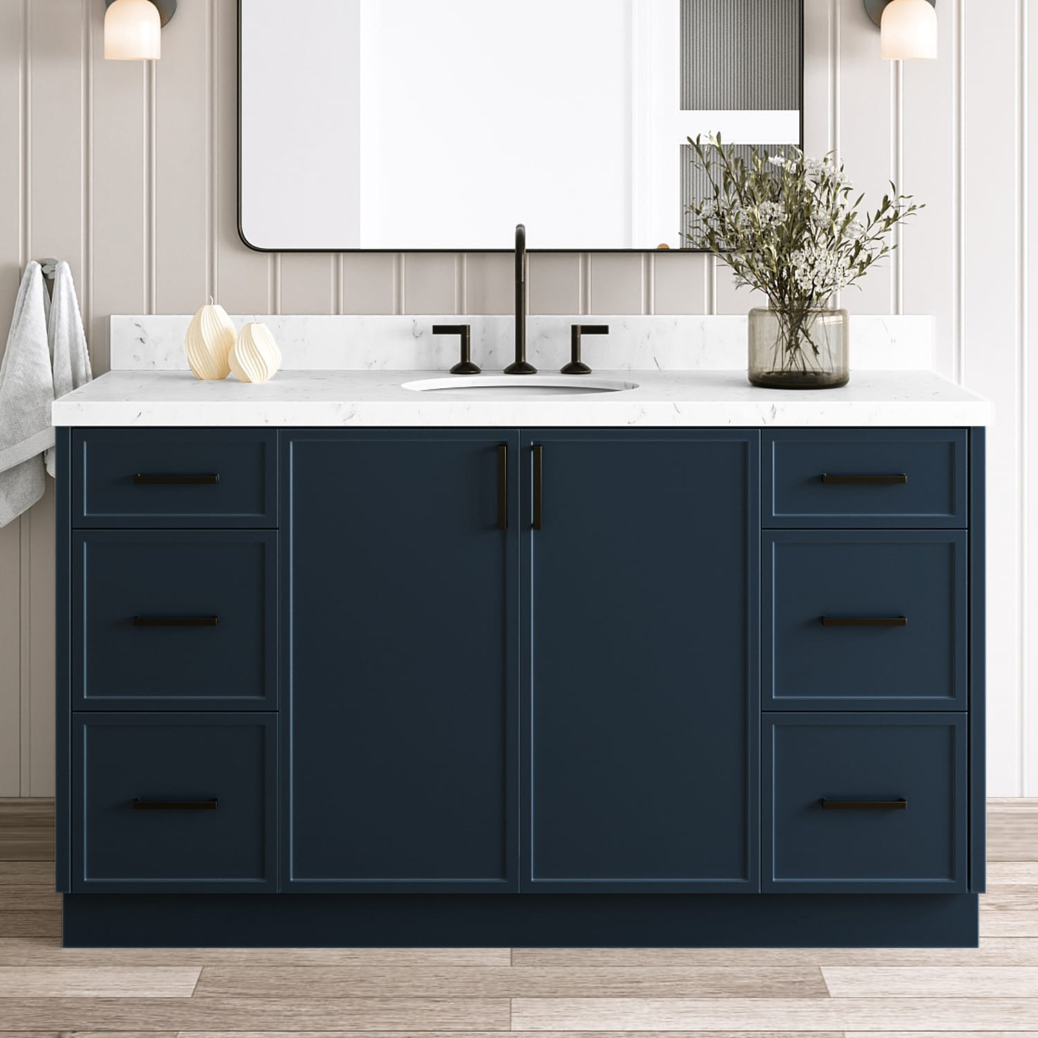 ARIEL - Kelly 60-in Midnight Blue Undermount Single Sink Bathroom Vanity with Carrara White Quart...