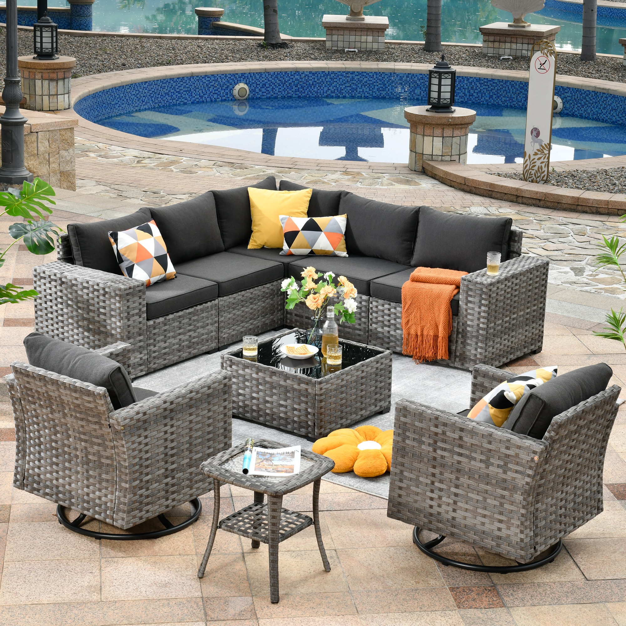 Ovios KFS100Y Shine Wicker Outdoor Sectional with Black Cushions and Iron Frame