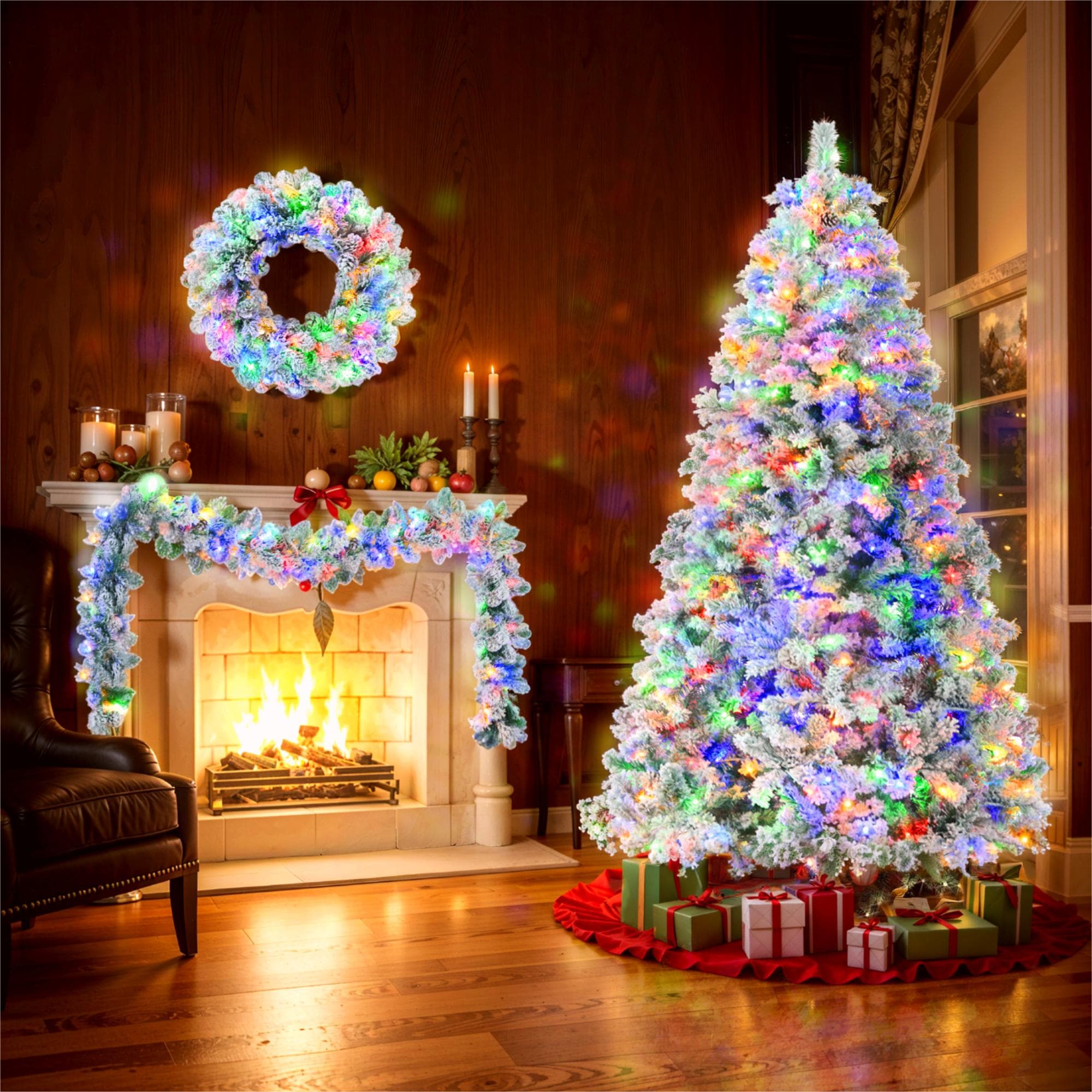 LOVMOR SF-WO-N704P199472A 6FT Snow Flocked Christmas Tree Pre Lit Set Tree Garland Wreath Artificial Hinged Colorful LED Lights 8 Modes Pine Cones​