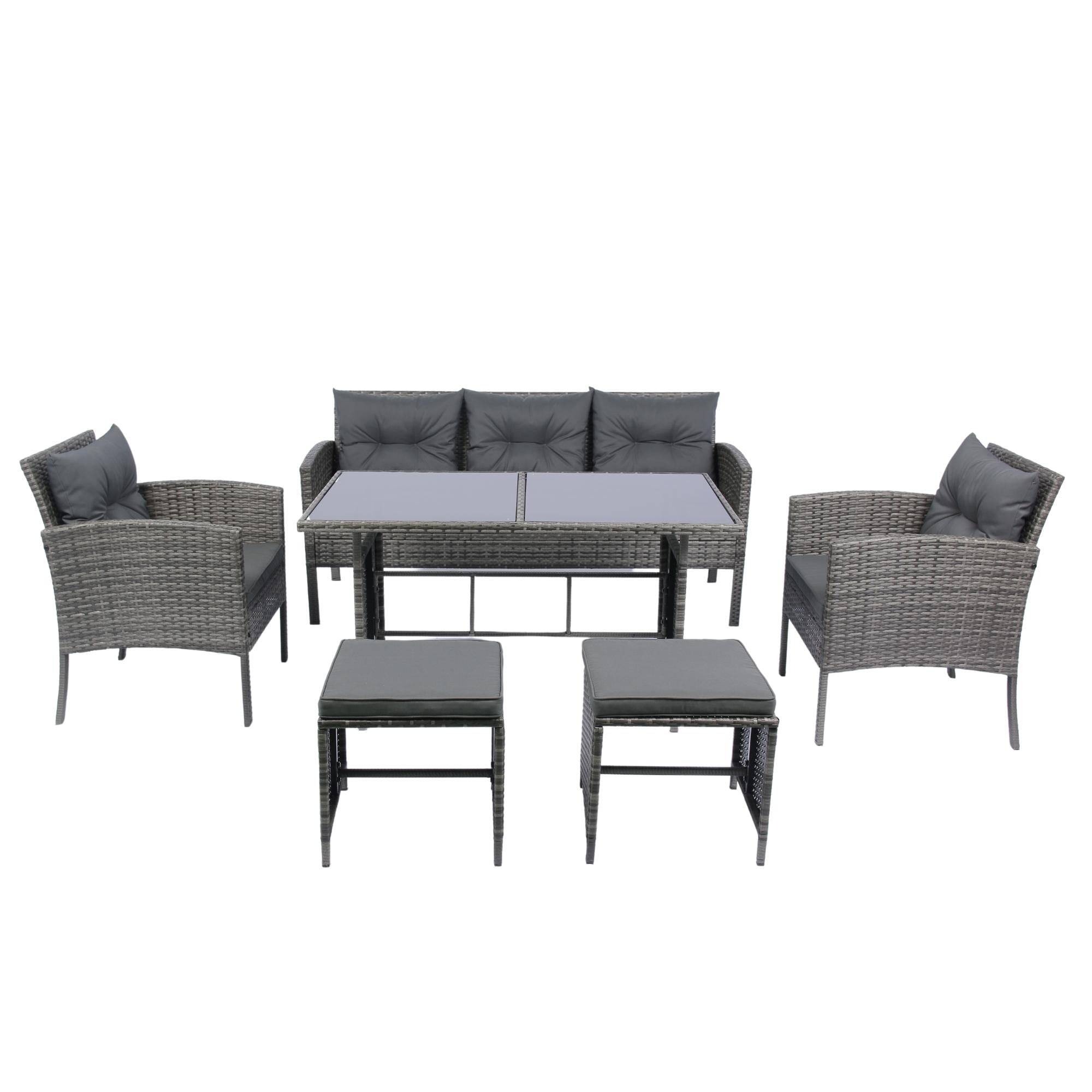 Bayfeve BFEF-42-PDS 6 -Piece Gray Wicker Patio Dining Set Wicker Rectangle Table with 2 Dark gray Cushions Stationary Chairs
