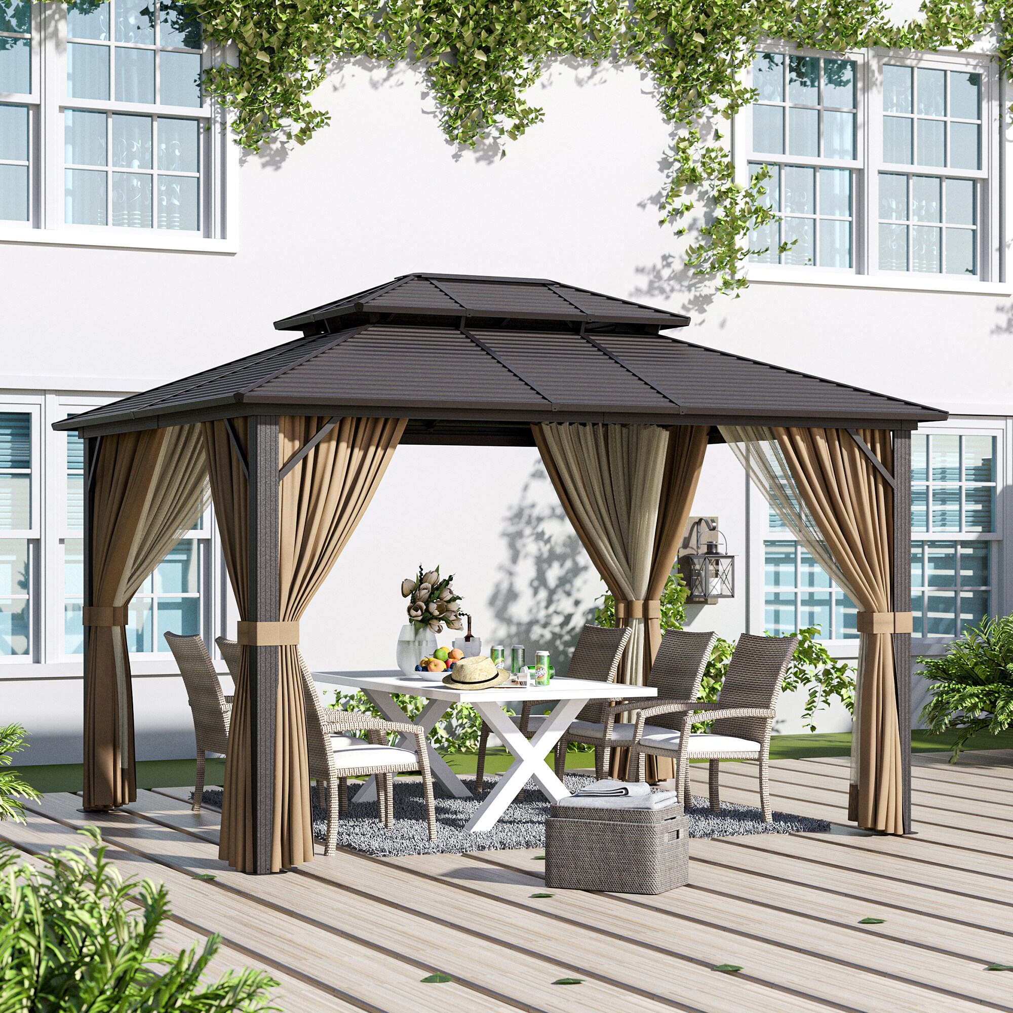 11-ft x 9.8-ft Rectangle Brown Metal Steel Roof Gazebo in the Gazebos ...