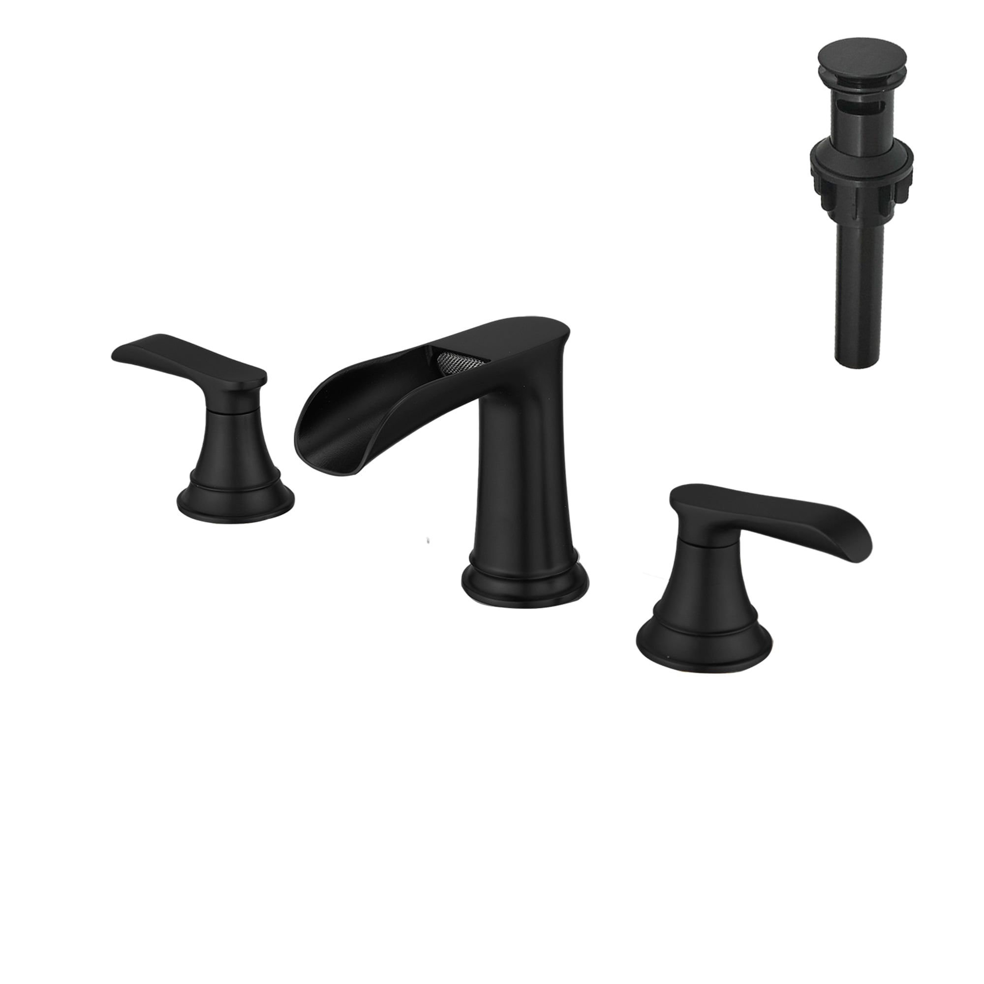 Boyel Living BL-1365-44MB Waterfall 8 Inch Widespread Double Handle Brass Bathroom Faucet with Pop Up Drain and Water Supply Hoses in Matte Black