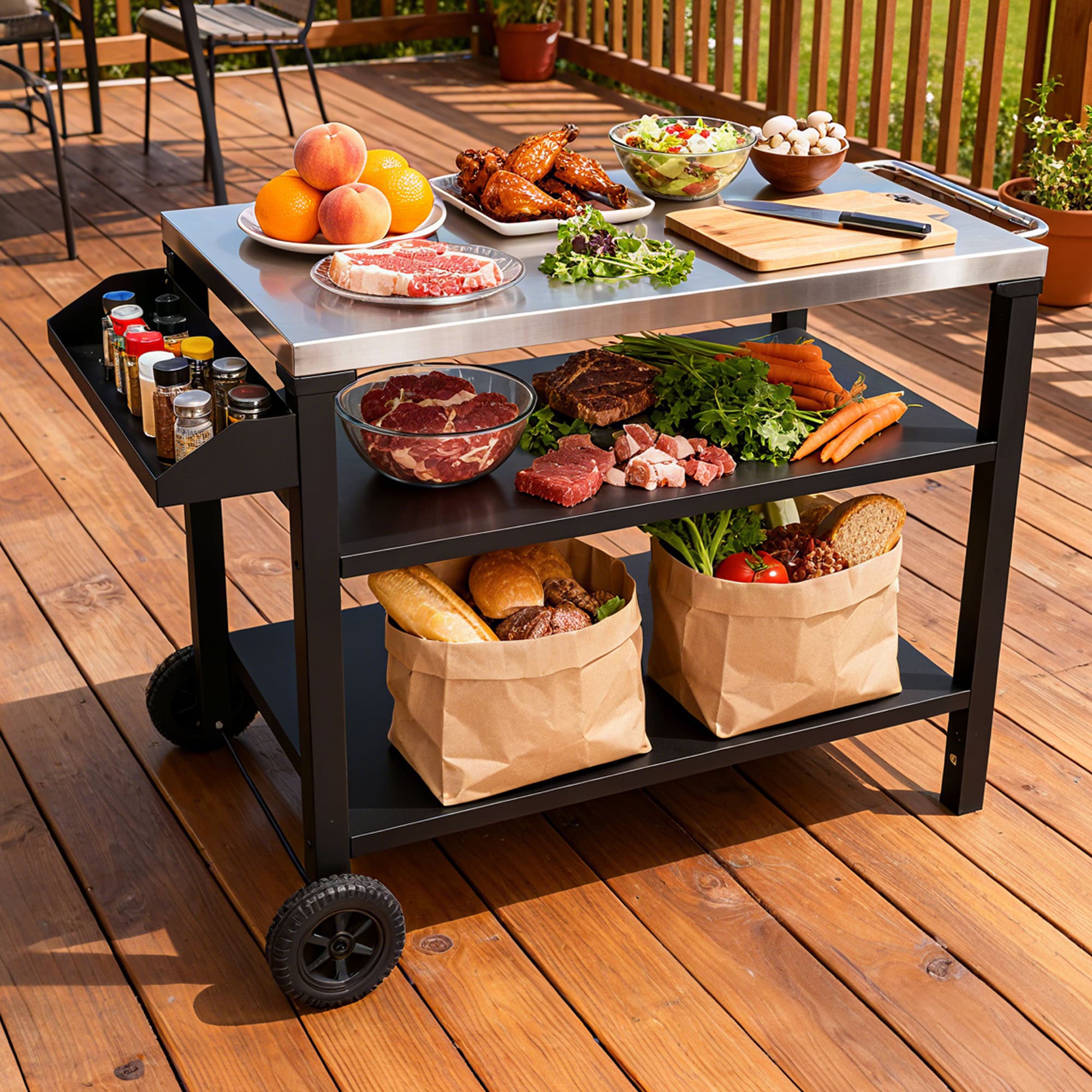 ASTARTH 3 Tier Grill Cart with Stainless Steel Top and Side Shelf Outdoor BBQ Prep Table Rolling Cart with Wheels