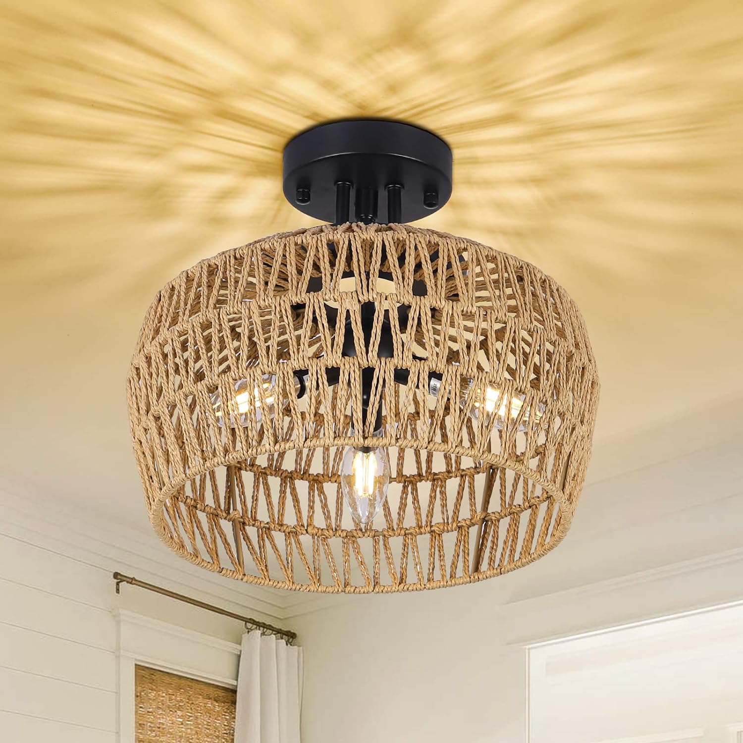 ZHLLMQ - Boho Farmhouse 3-Light Black Hardwired Semi Flush Mount Ceiling Light with Natural Ratta...