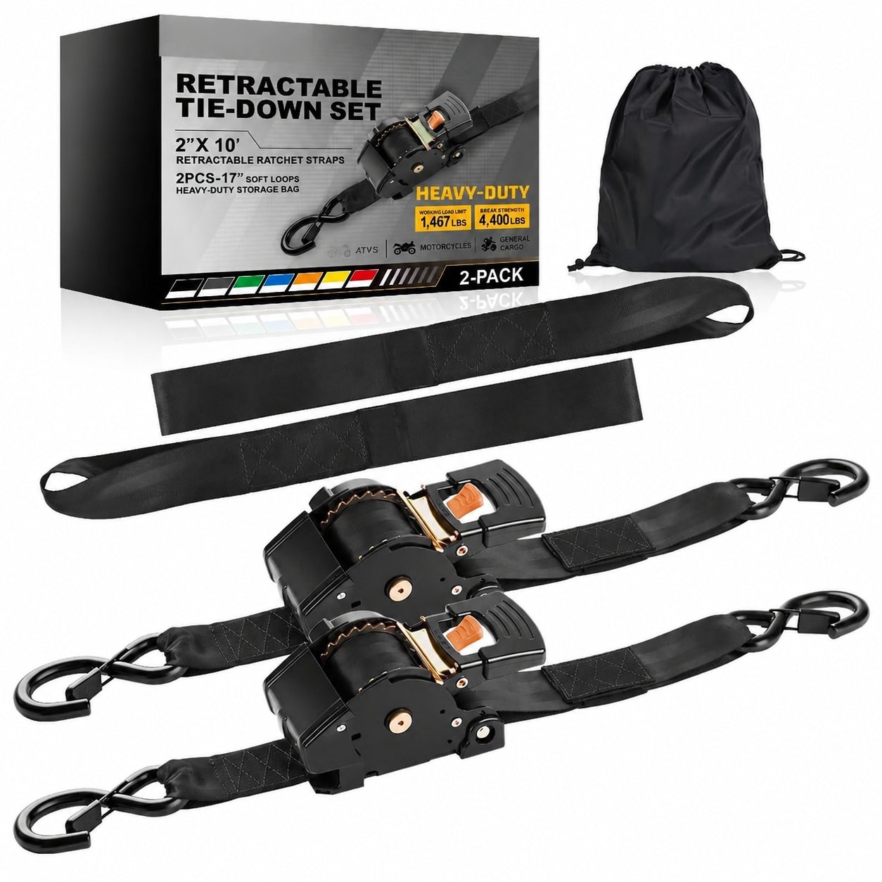 Lukvuzo  Retractable Ratchet Straps 2 Inch by 10 Feet Heavy Duty Auto Self Retracting Tie Down Straps for Truck Cargo Trailer Motorcycle ATV UTV