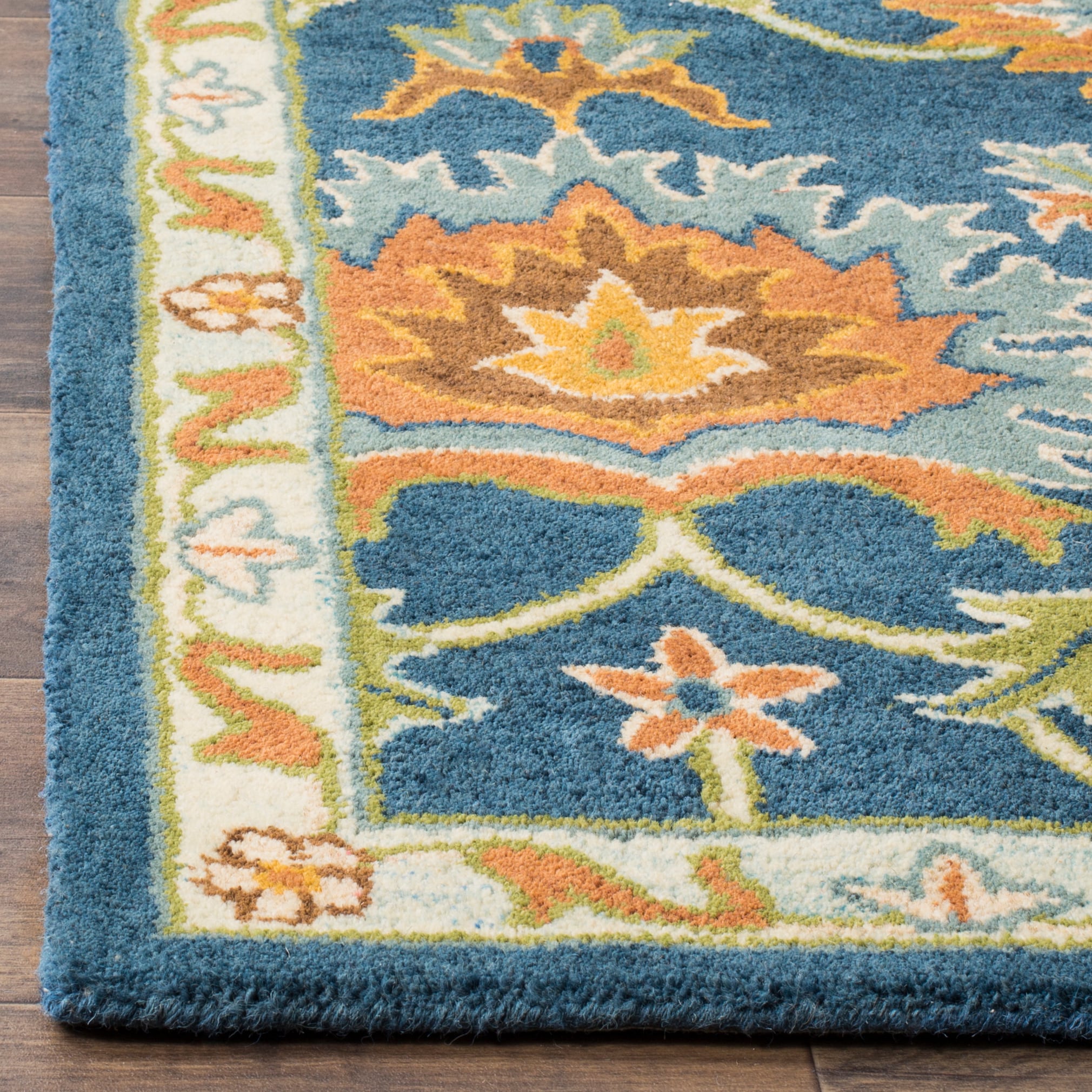 Navy Blue Hand-Tufted Wool Floral Area Rug 5' x 8'