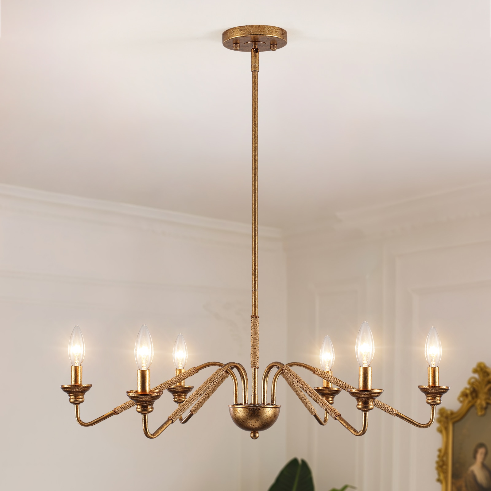 ZemSum 6-Light Antique Brass Traditional Candle-Style Rattan Metal Chandelier