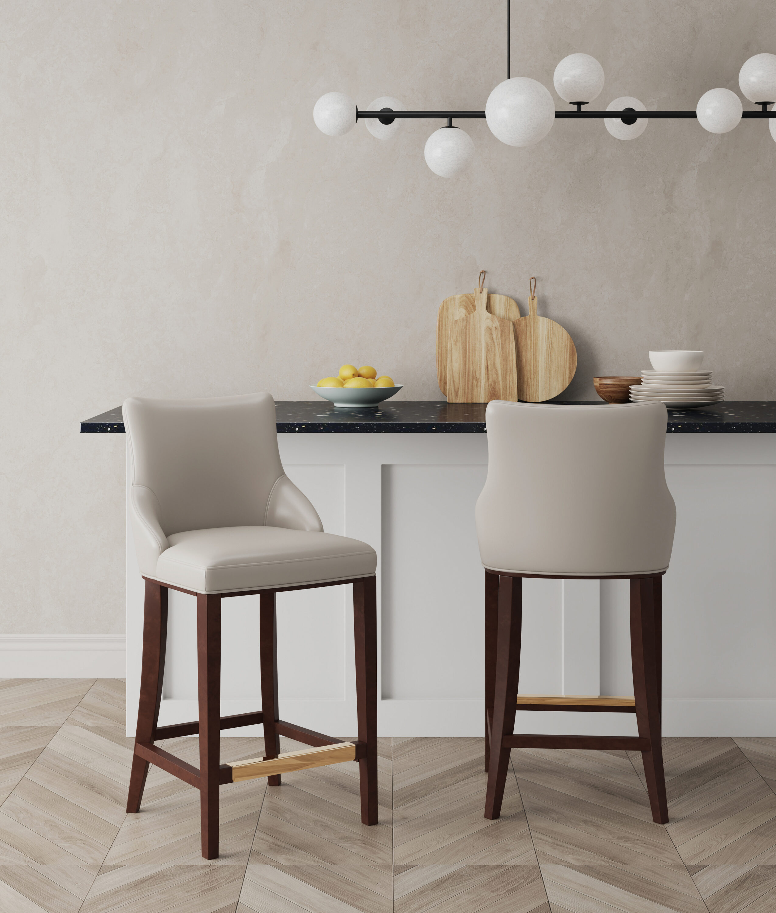 Light Gray Leatherette Upholstered Bar Stools with Beech Wood Legs, Set of 2