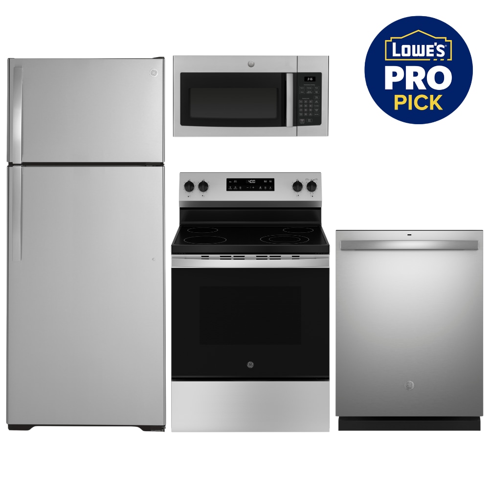 GE  Pro-Approved: Stainless Steel Kitchen Suite (Includes a Top-Freezer Refrigerator, Freestanding Electric Range, Built-In Dishwasher, and Over-the-Range Microwave)