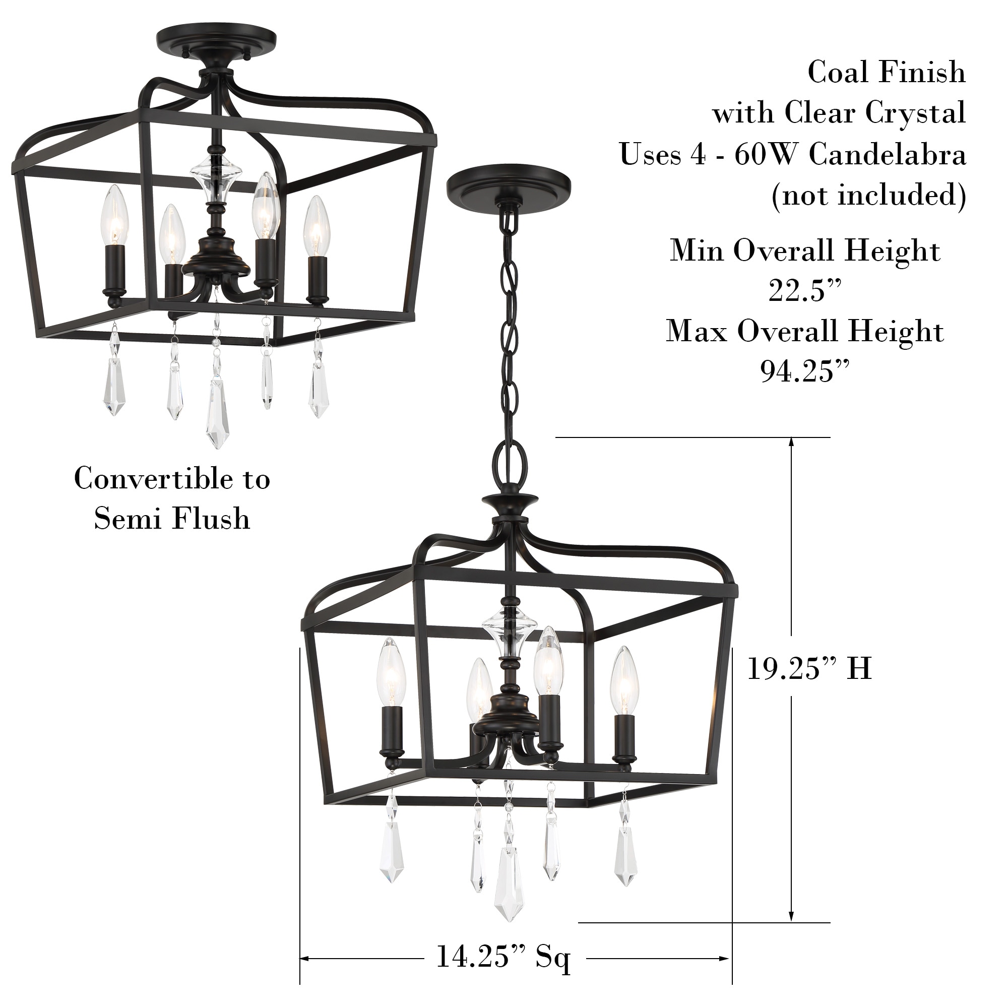Coal Finish 4-Light Crystal Lantern Chandelier