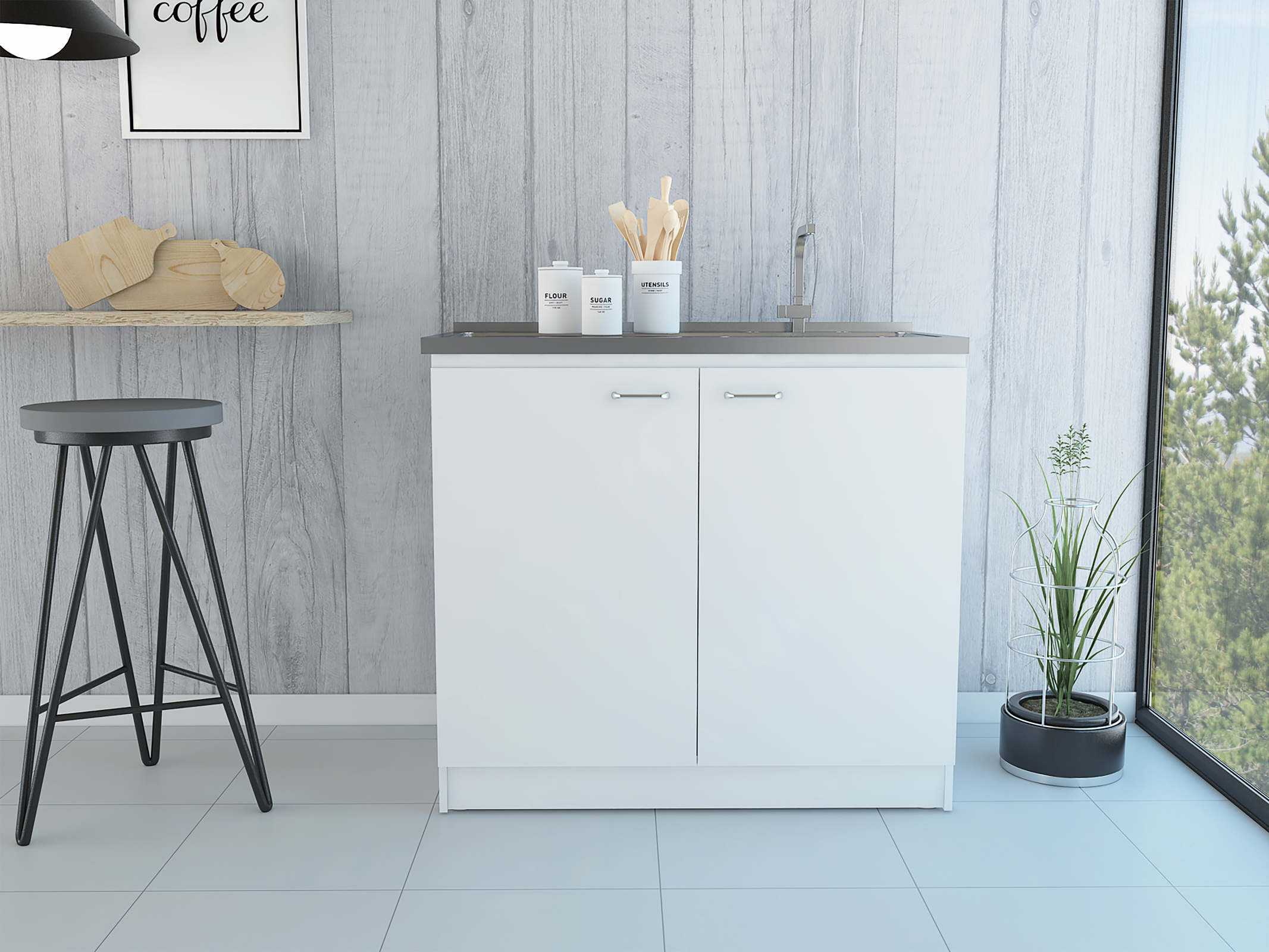 CHITA Contemporary Utility Sink Cabinet with 2 Doors 1 Shelf Integrated Sink for Kitchen Dining Room Pantry and Household Organization White