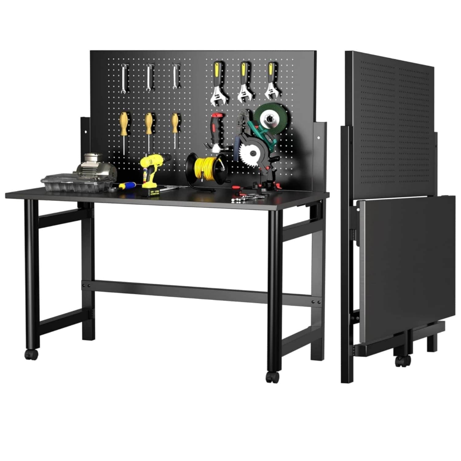 Qeetex Foldable Heavy Duty Wall Mounted Workbench with Pegboard Metal Tool Table for Black Garage Workshop #MIC-O912GJF021