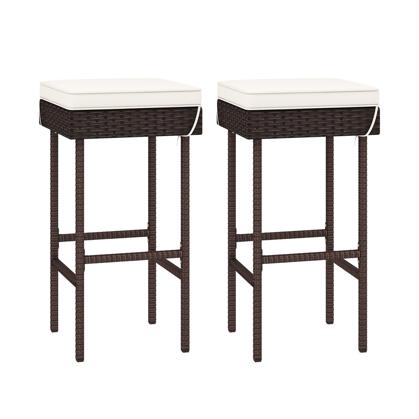 YERIVA HSM723112 Set of 2 Rattan Mix Brown Rattan Frame Stationary Bar Stool Chair with Off-white Cushioned Seat
