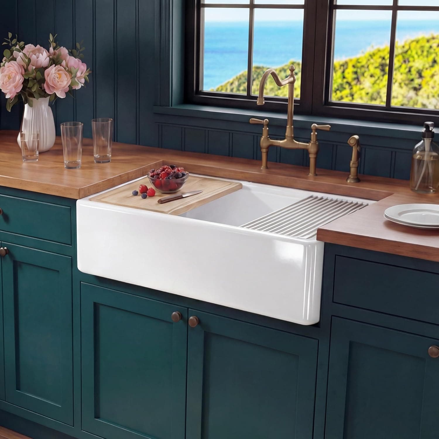 Miuara - Farmhouse Apron Front 30-in x 20-in Undermount Single Bowl White Fireclay Workstation Ki...