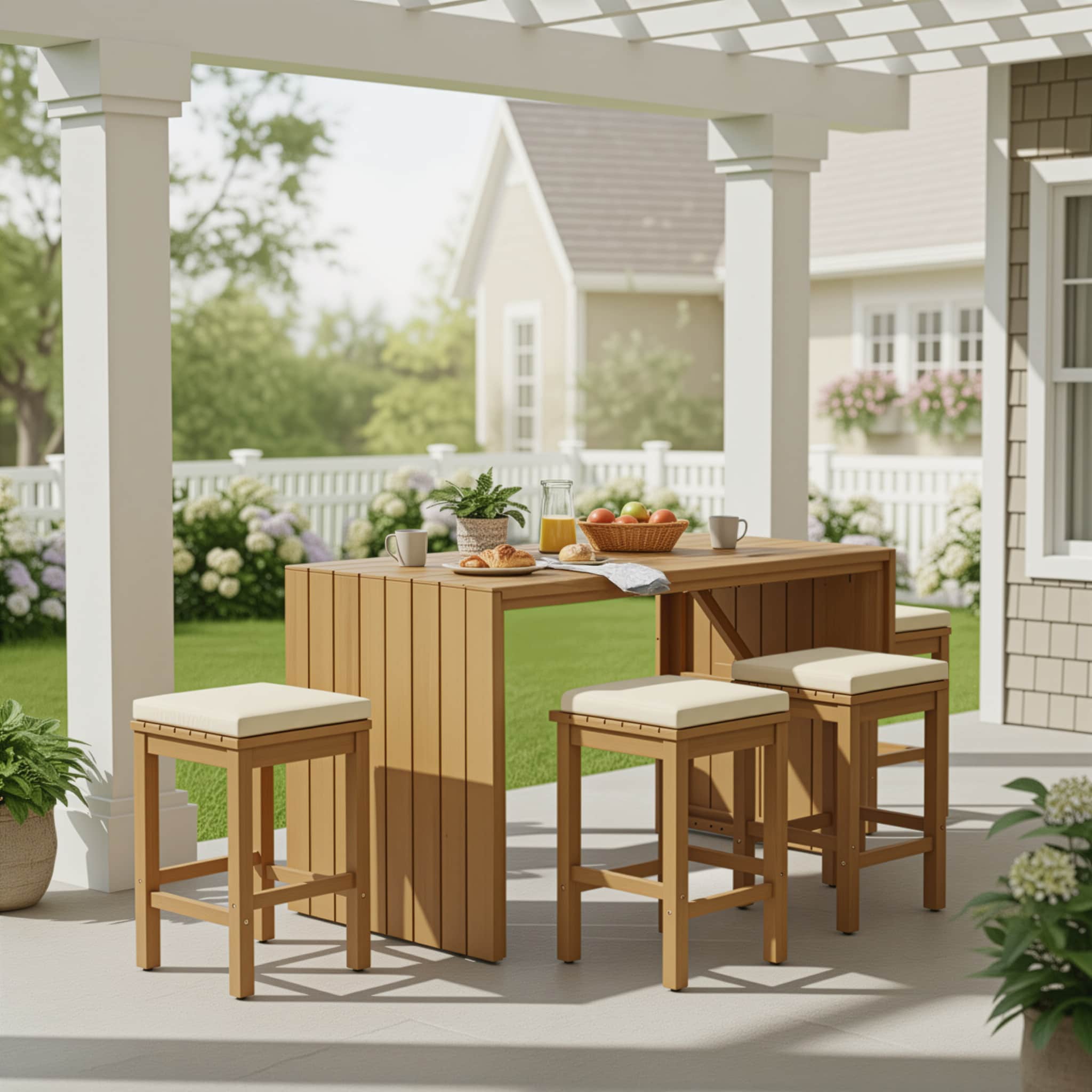 Direct Wicker DW-N704G201252A 6 -Piece brown Patio Dining Set Wood Rectangle Table with 5 Beige Cushions Stationary Chairs