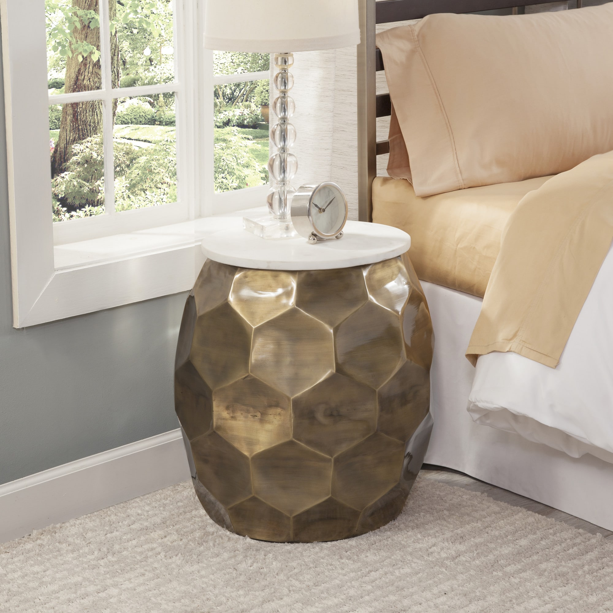 Rosie Round Rose Quartz and Brass Chairside Table