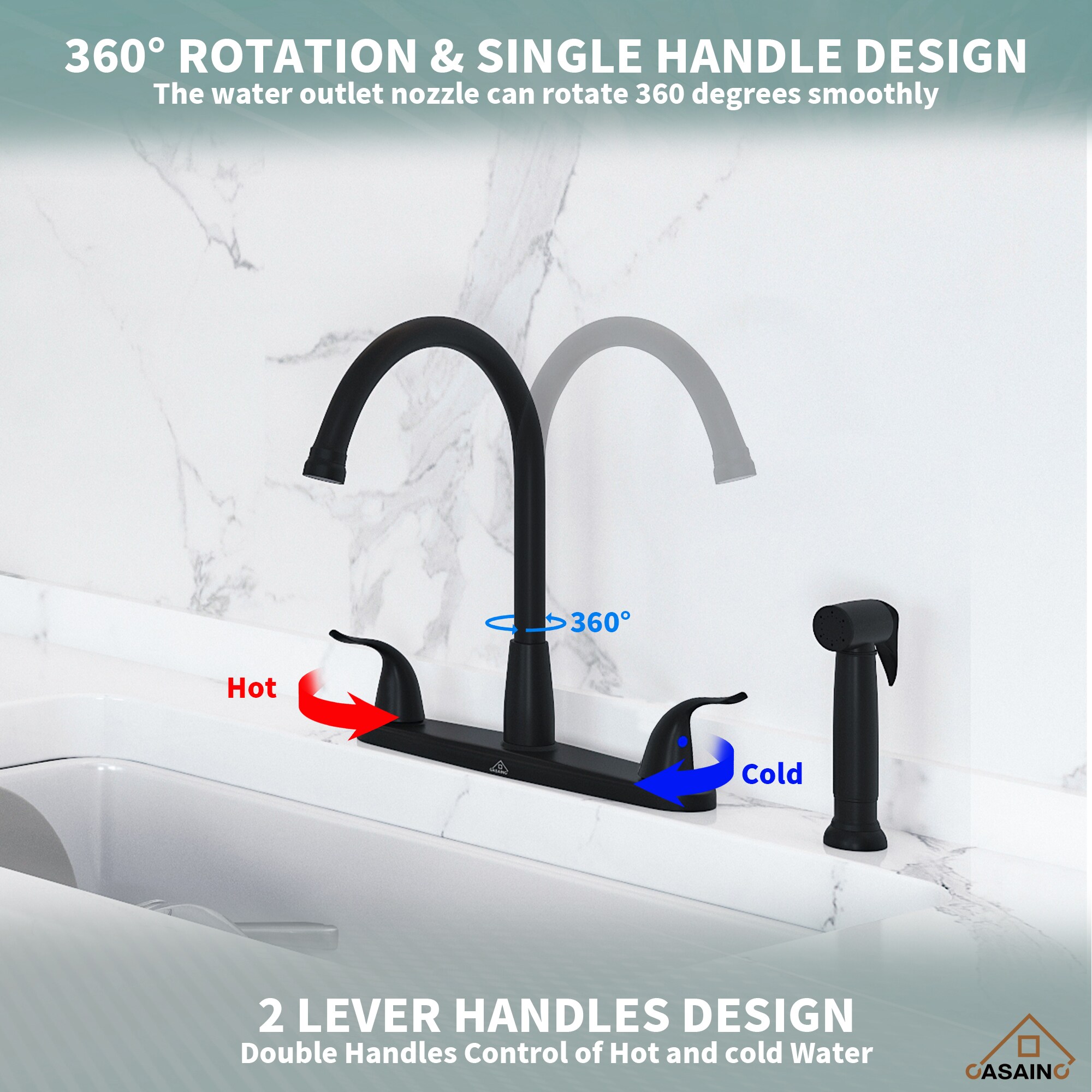 Matte Black Stainless Steel Double Handle Kitchen Faucet with Side Sprayer