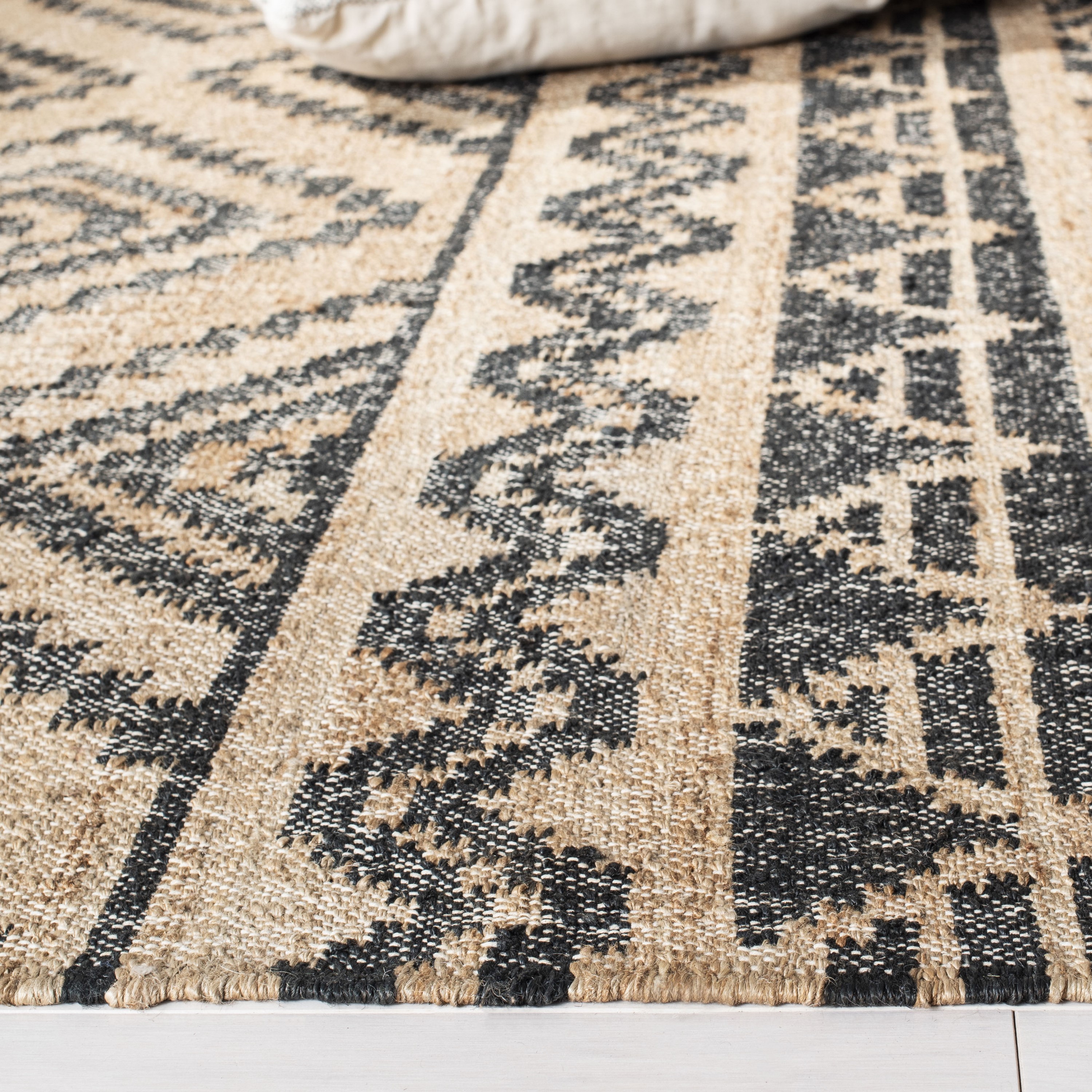 Natural and Black Geometric Wool Cotton 9' x 12' Area Rug