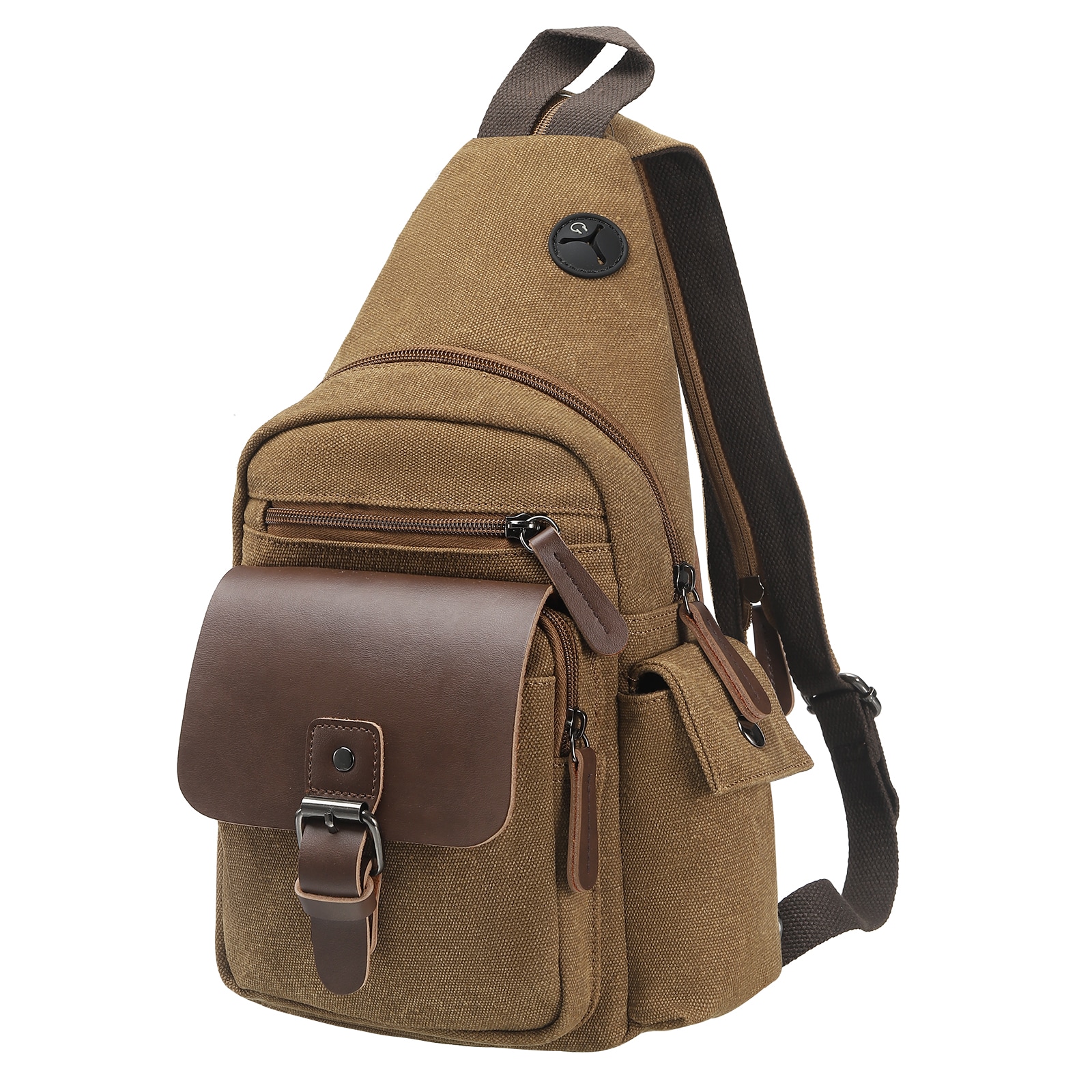 Unique Bargains Canvas Sling Bag for Women Men Crossbody Backpack Vintage Shoulder Bag W/Leather Accents for Outdoor Cycling Hiking Travel Coffee