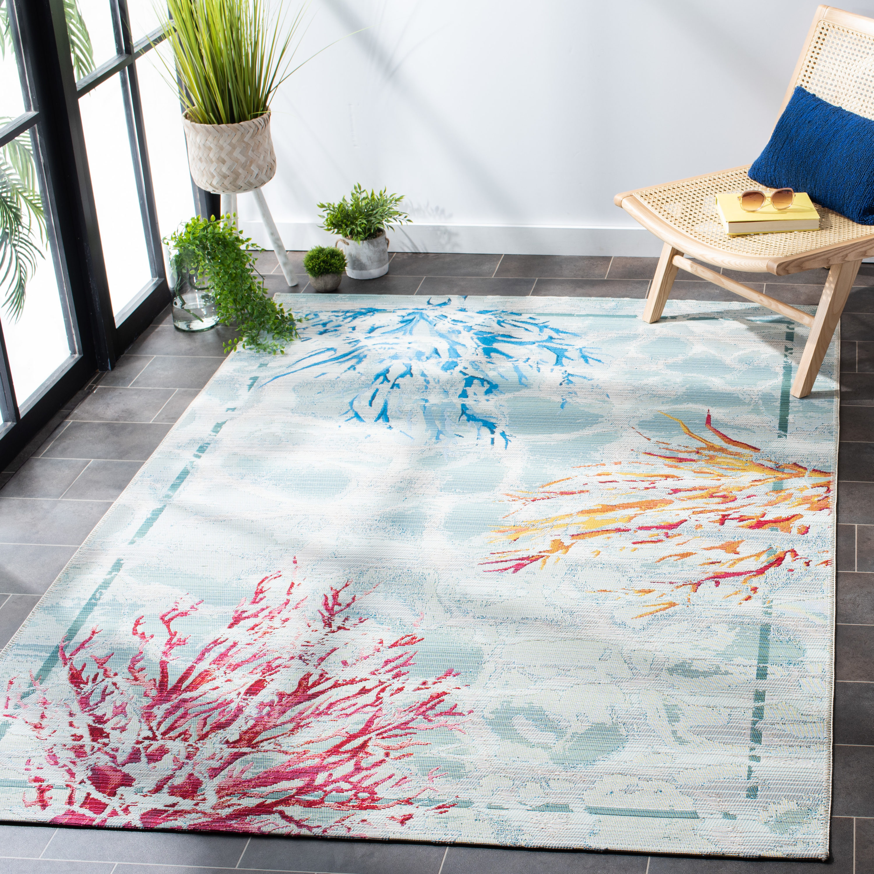 Teal & White Synthetic Rectangular Easy-Care Area Rug, 6'6" x 9'4"