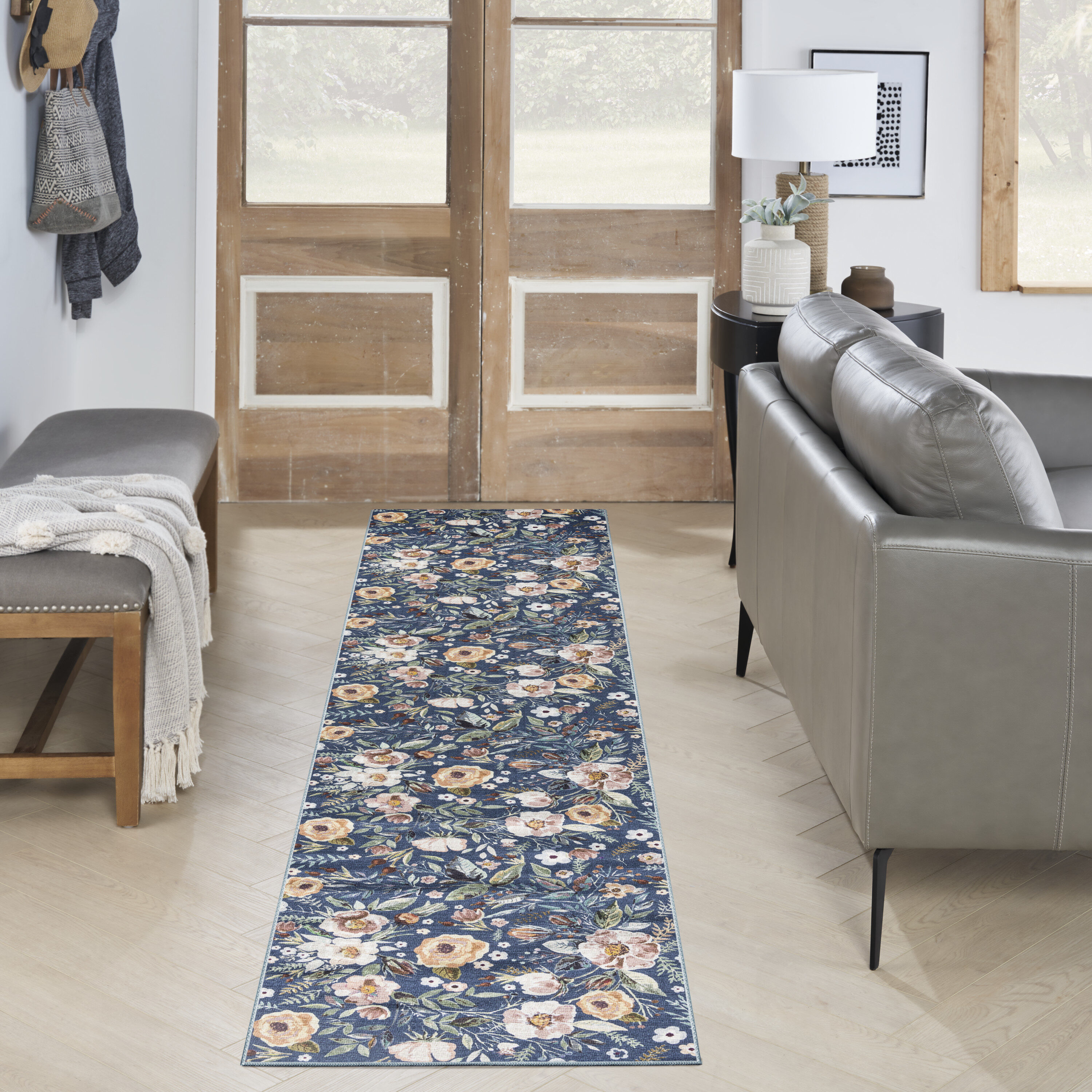 Nourison 099446912176 Washables 2 x 8 (ft) Loomed Polyester Navy Multicolor Rectangular Indoor Floral/Botanical Machine washable Area rug