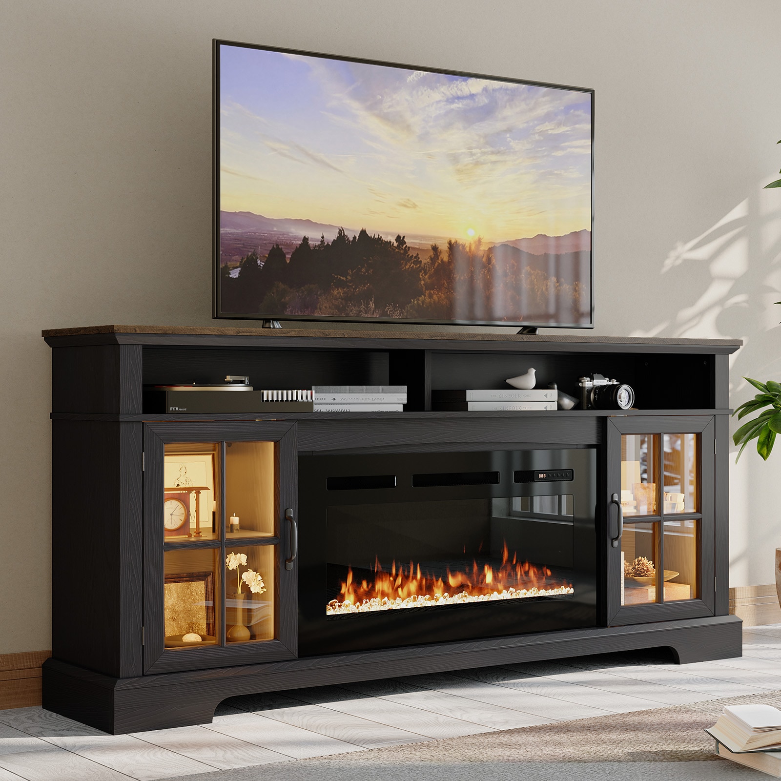 AOXUN 70-in W Black TV Stand with Fan-forced Flat Wall Electric Fireplace with Remote Control Included