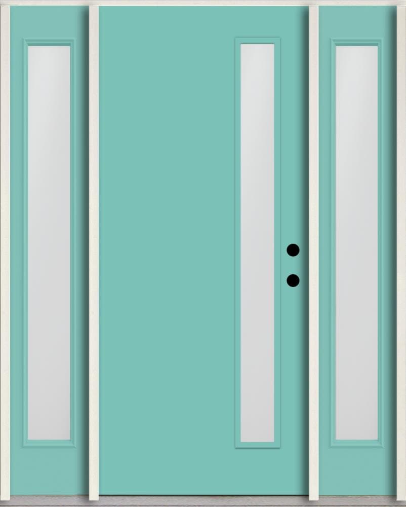 RELIABILT LO1063606 Spotlights 60-in x 80-in x 4-5/8-in Fiberglass 1/4 lite Left-hand inswing Caribbean Blue Paint Painted Prehung Front Door with Sidelights Insulating core