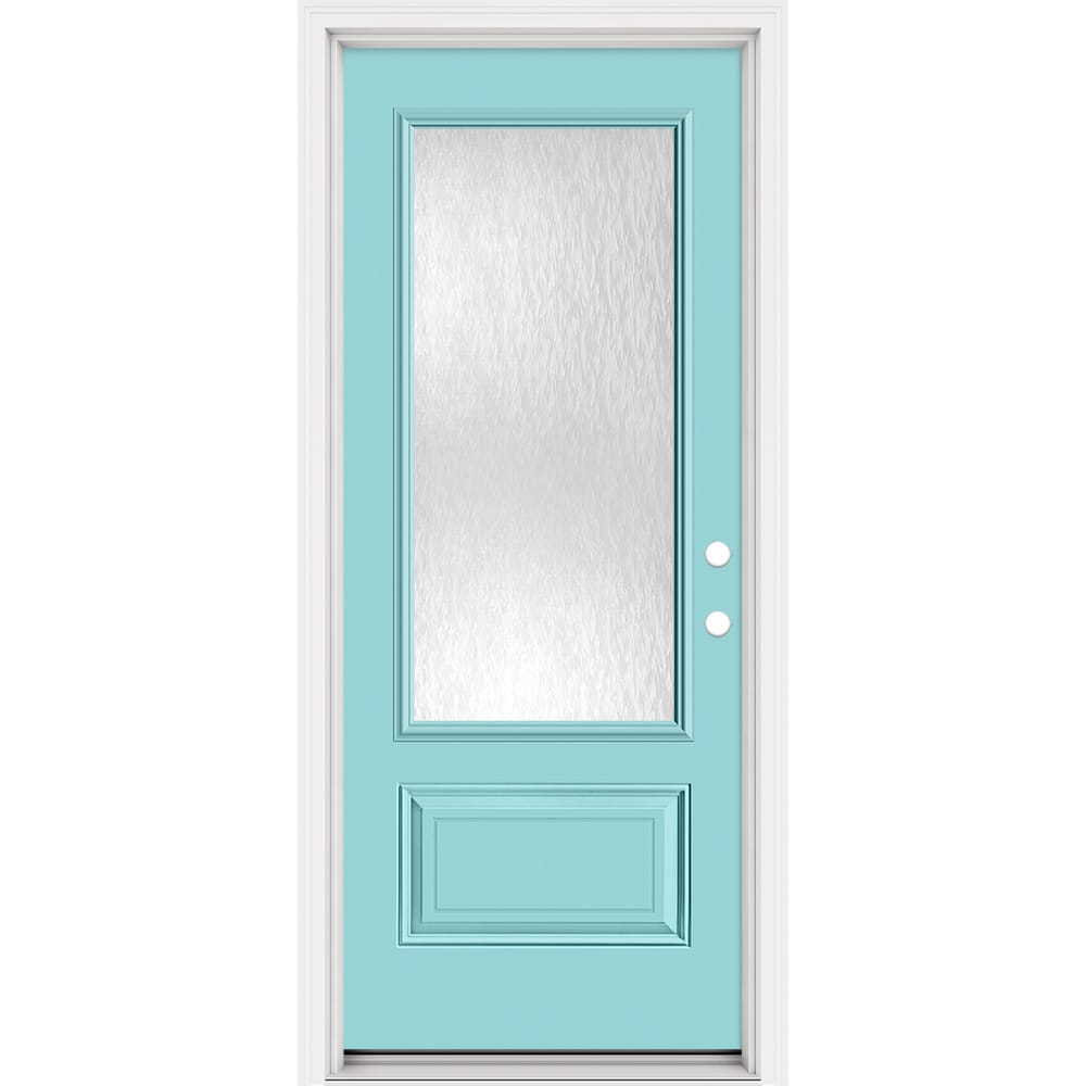 Masonite 321368 Steel Doors Series 32-in x 80-in x Steel No glass Left-hand inswing Caribbean Blue Painted Prehung Front Door with Brickmould Insulating core
