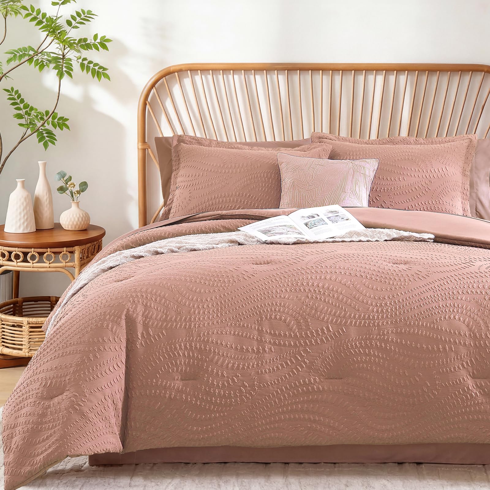 OMOMMD Dusty Pink King Comforter Set 7 Piece Botanical Textured All Season Bed In A Bag Soft Breathable Easy Care #5749848218868