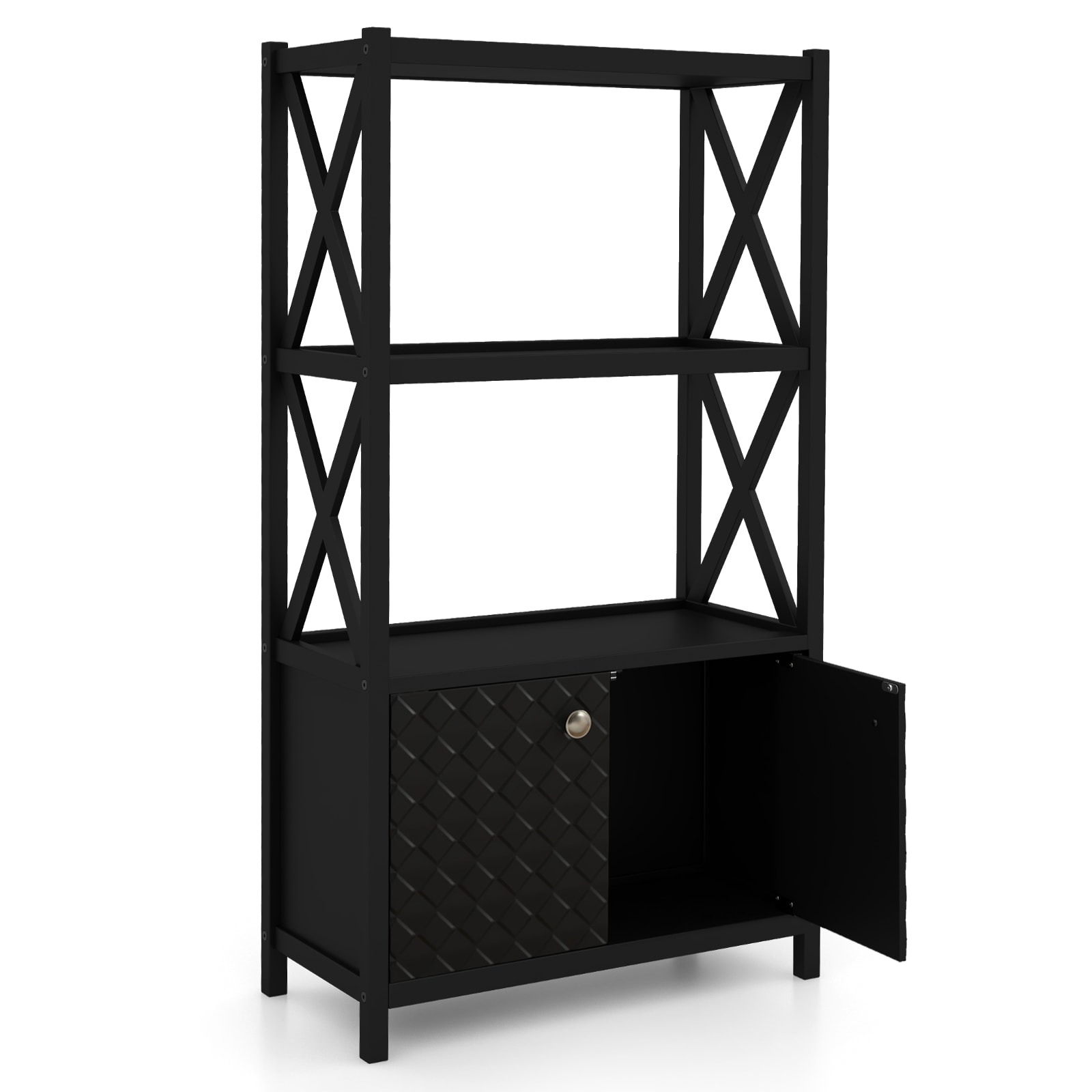 Slickblue Floor Storage Cabinet with Open Shelves and Embossed Doors - X-Frame Design for Bathroom Living Room or Entryway - 25x47x12-Inch Rubber Wood/MDF Freestanding Linen Cabinet - White/Black