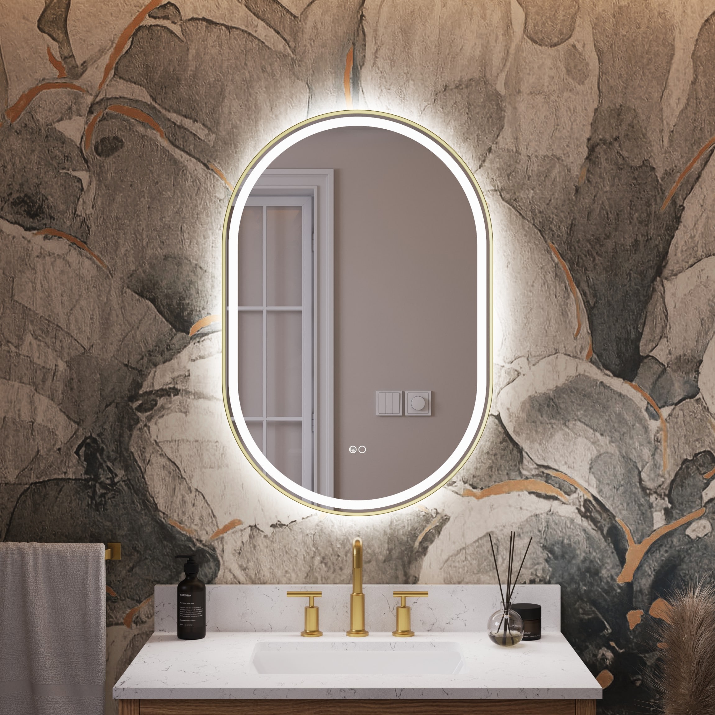 Gtnali 24-in W x 36-in H Oval Framed Anti-Fog LED Wall Bathroom Vanity Mirror in Brushed Gold