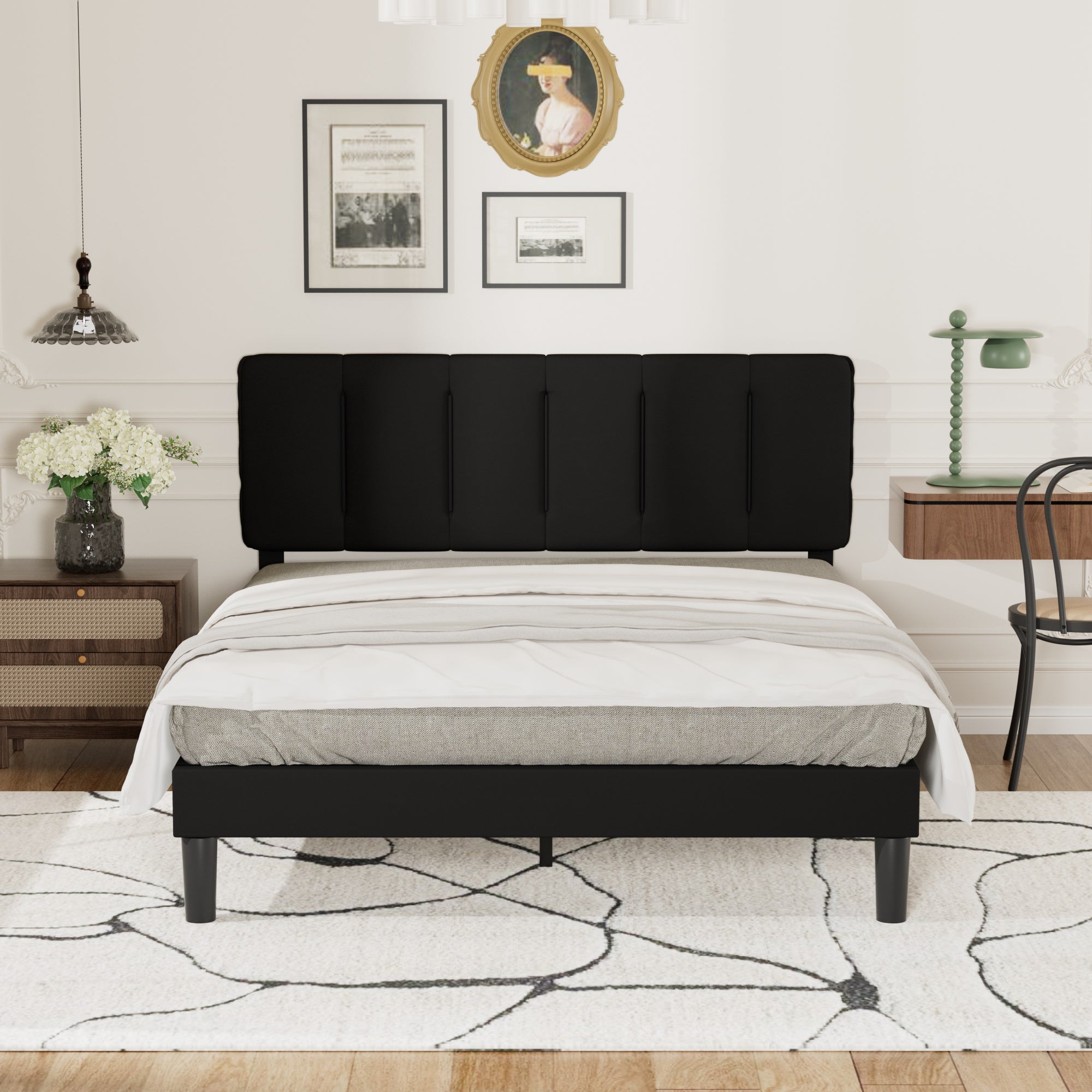 Vecelo LOE-CY-FB04-BLK Full Bed Frame with Upholstered Adjustable Headboard Heavy Duty Platform Bed Frame with Strong Wooden Slats Support Black