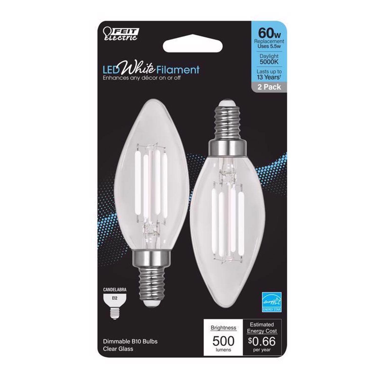 Feit Electric EJD3005626 White B10 E12 Candelabra Filament LED Bulb Daylight 60 Watt Equivalence 2 pk