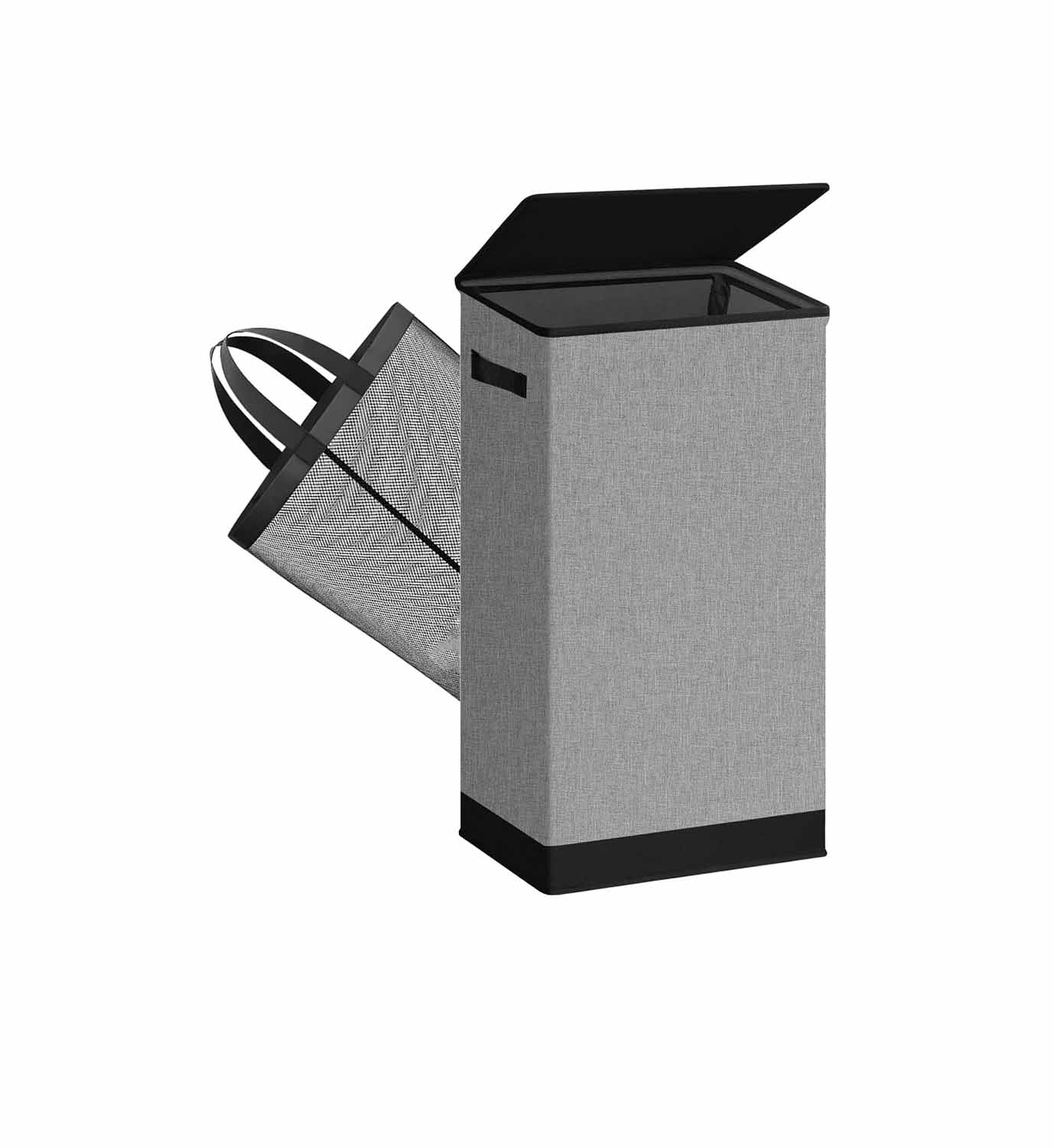 Etokfoks  100L tall collapsible laundry hamper with lid removable inner mesh bag reinforced rods MDF base metal frame waterproof imitation