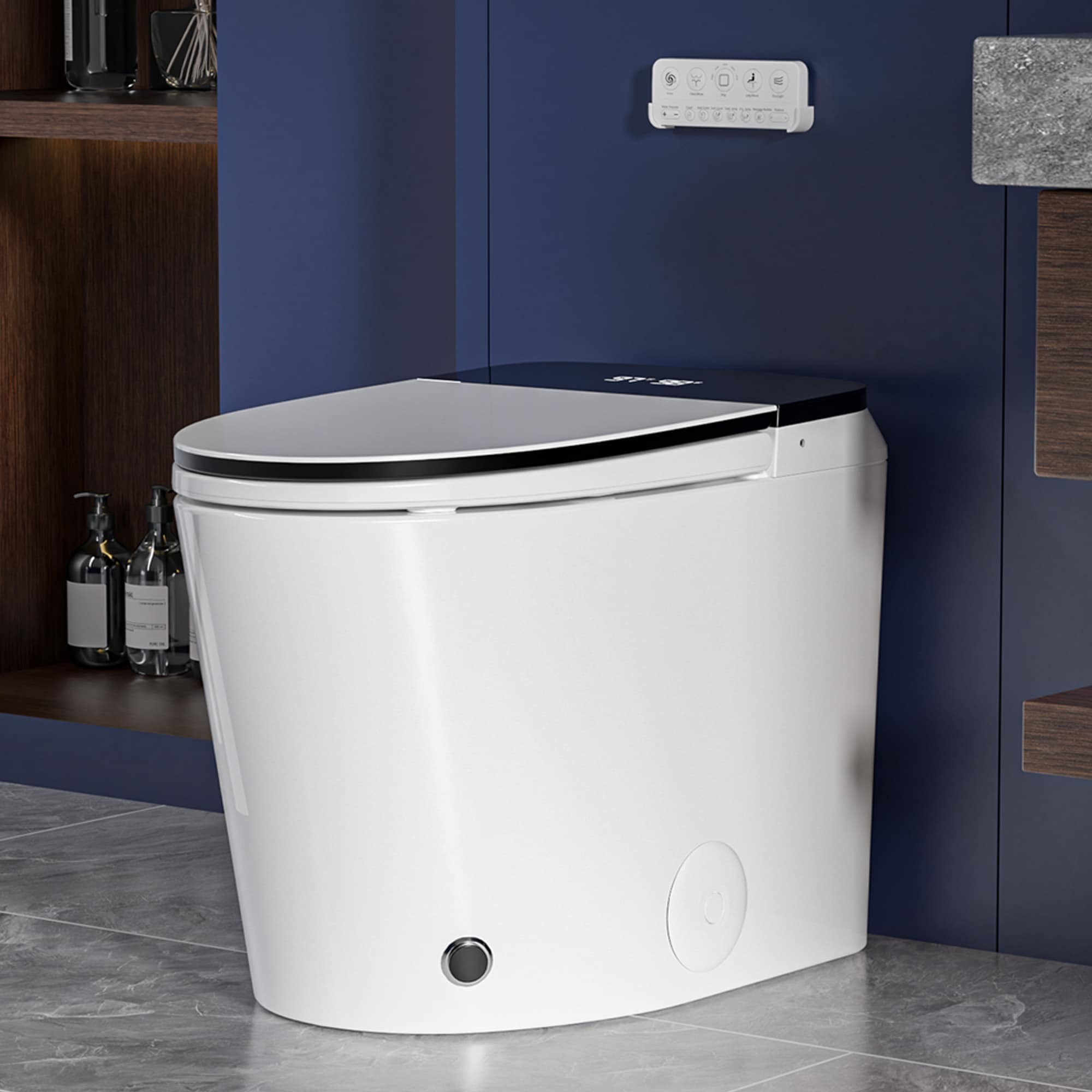 Miuara  18 inch Tall Smart Toilet with Bidet Built in Auto Open Close Lid 1000g MaP Flush Heated Seat and Foam Dispenser Foot Sensor Auto Flush Blackout Flush Bidet Toilet with Tank Built in
